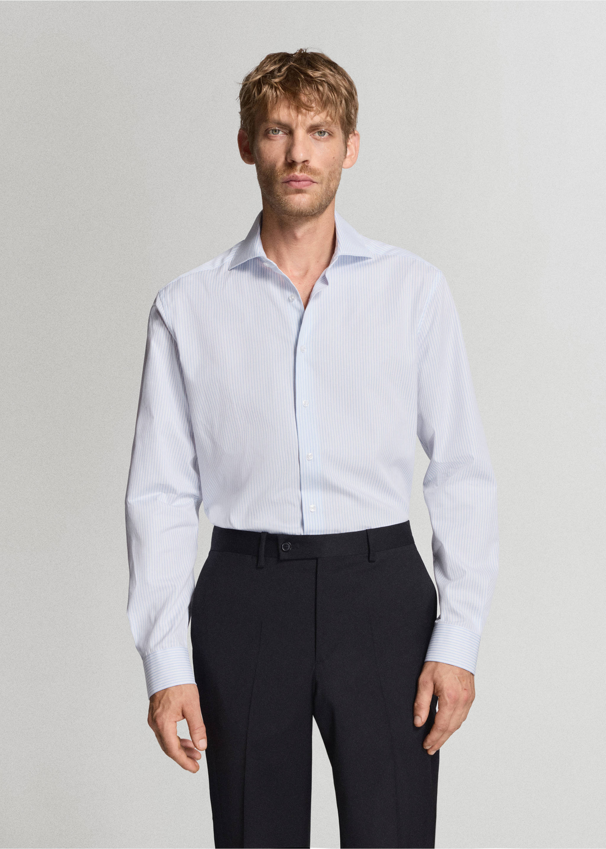 Light blue and white striped long-sleeved shirt with a classic collar., Blue. Ref: 37027903-00.