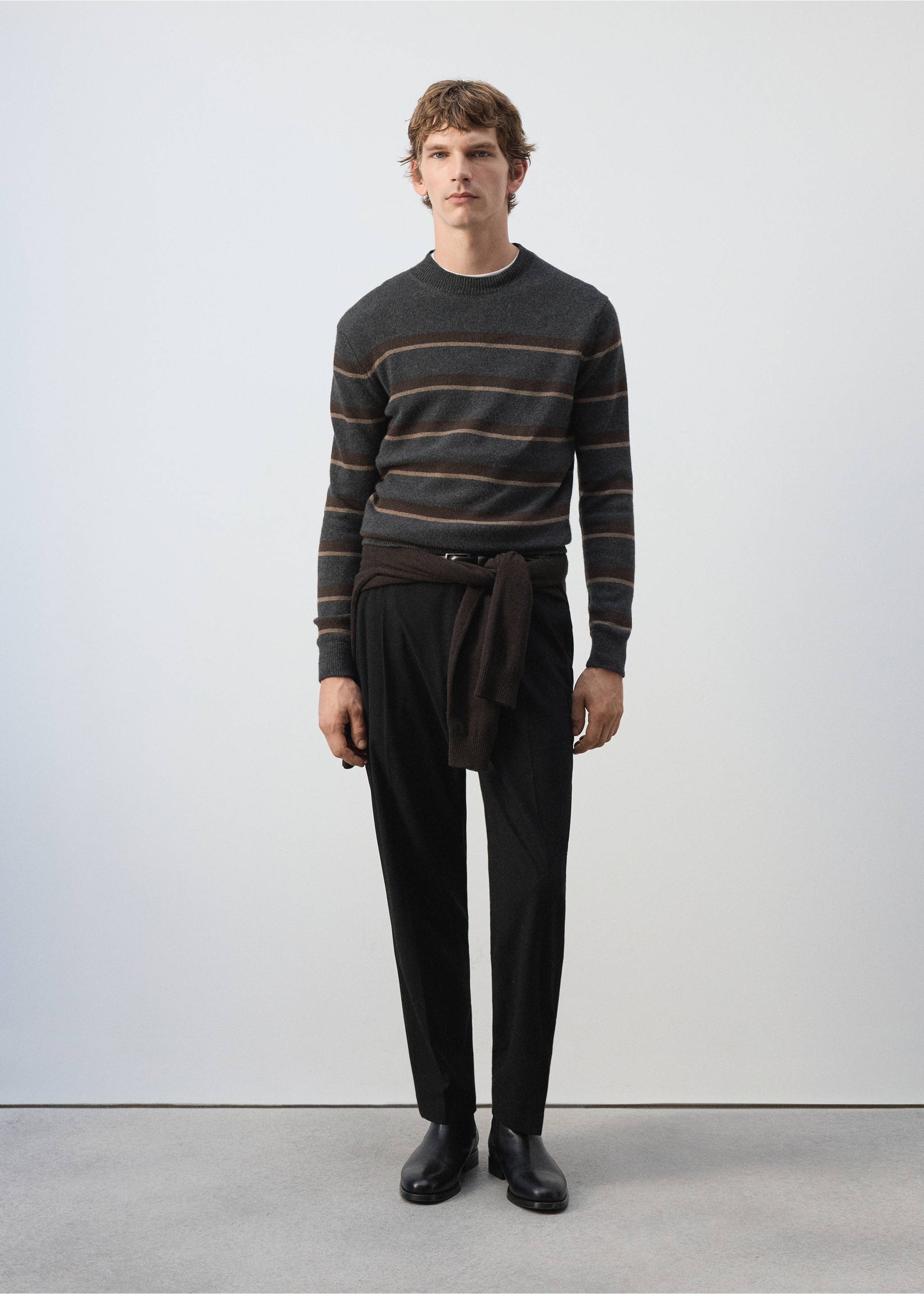 Grey striped crew-neck jersey worn with black trousers., Dark Heather Grey. Ref: 37027909-00.