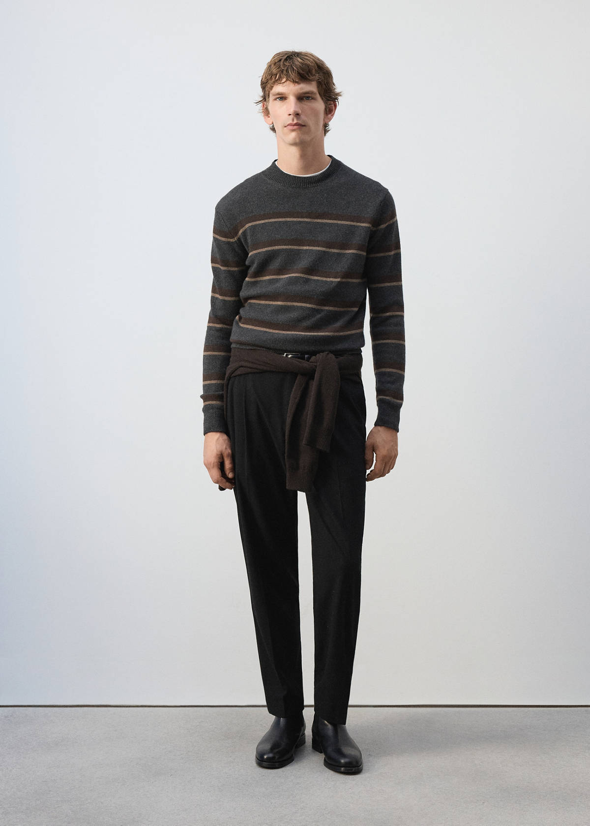 Knitted jumper in wool-cashmere blend with stripes — Dark Heather Grey