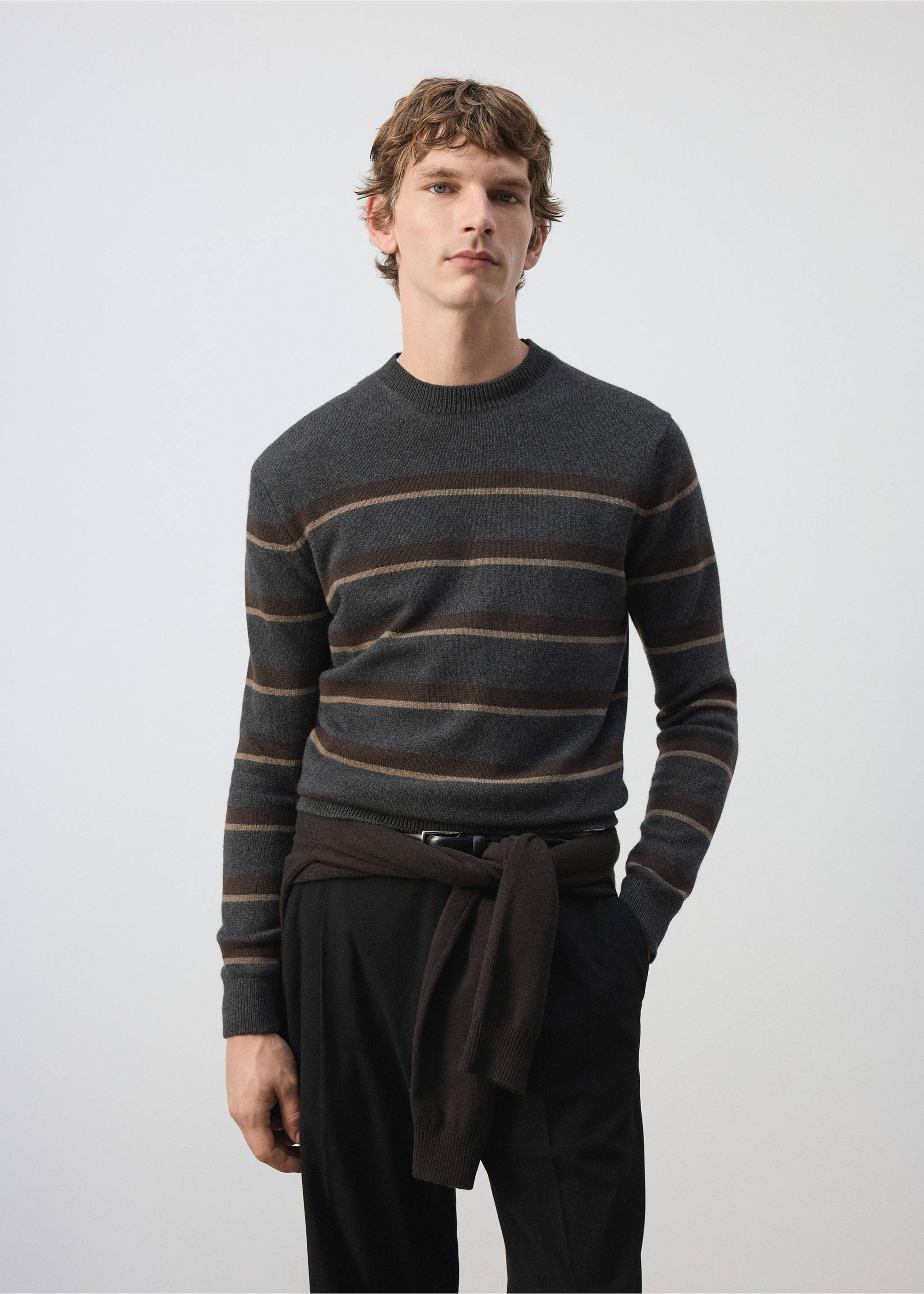 Dark grey knitted jersey with horizontal brown and beige stripes and a crew neck., Dark Heather Grey. Ref: 37027909-00.