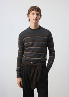 Knitted jumper in wool-cashmere blend with stripes — Dark Heather Grey 1