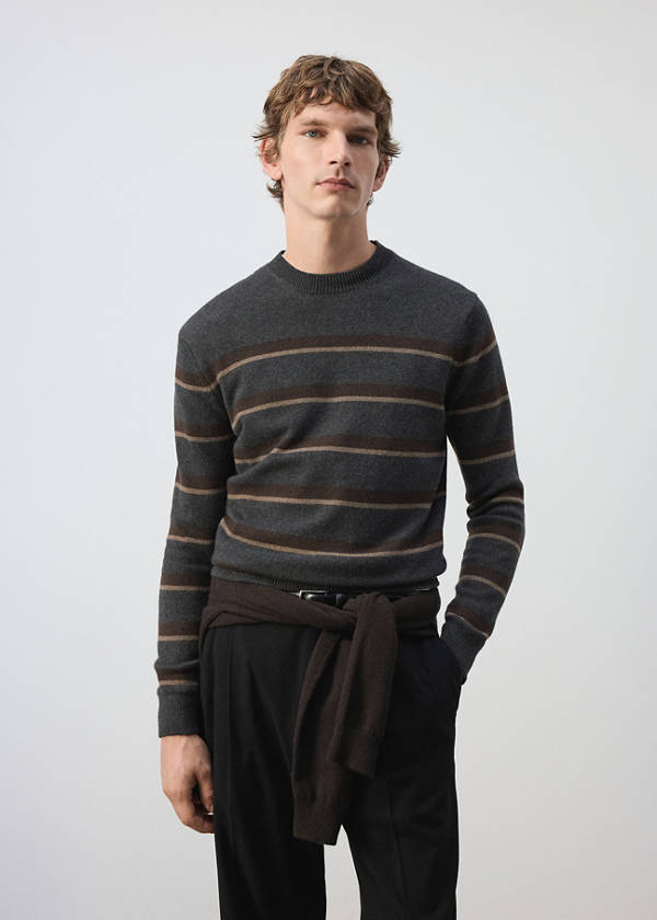 Knitted jumper in wool-cashmere blend with stripes — Dark Heather Grey
