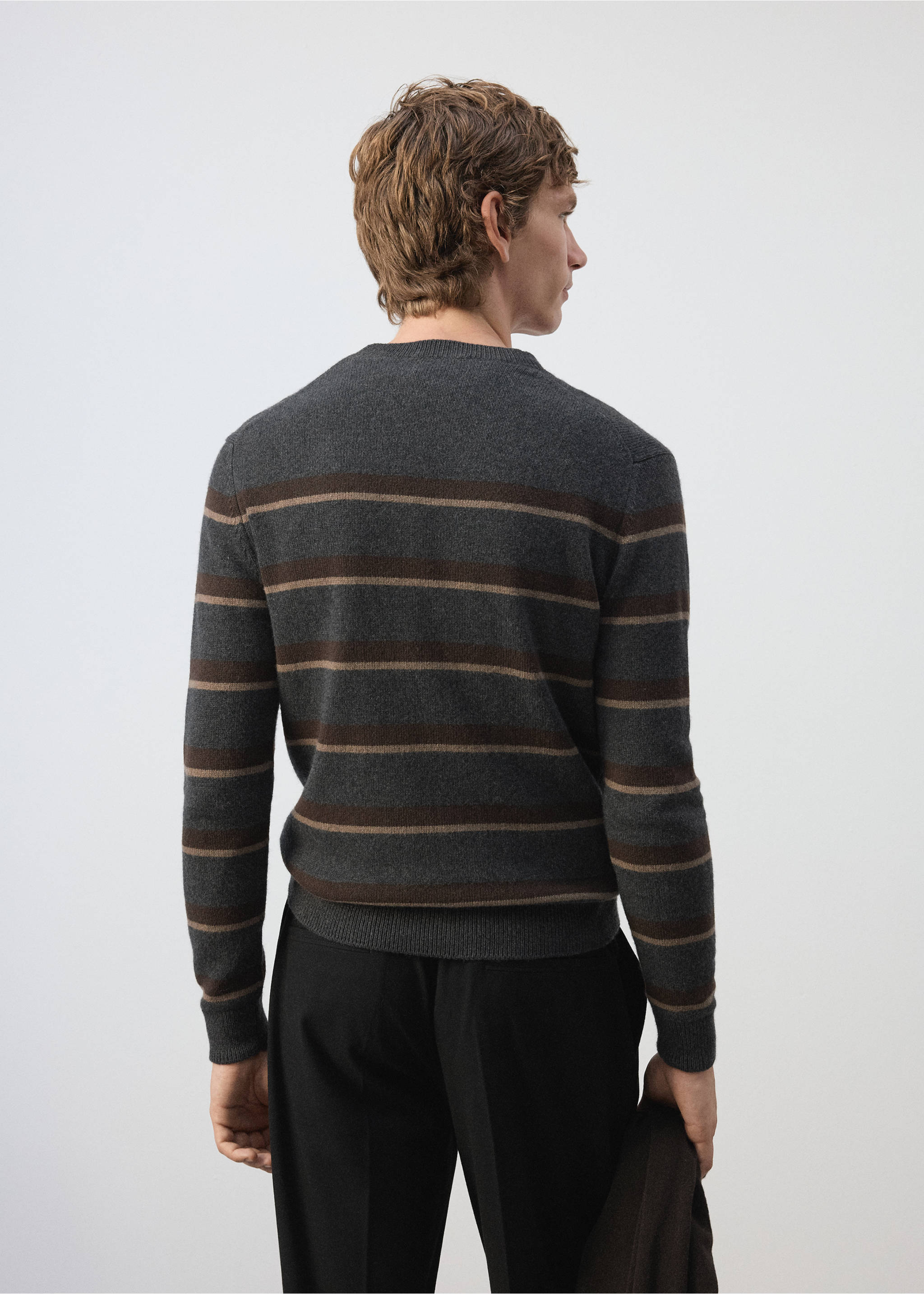 Back view of a striped grey knit jersey with brown bands and a crew neck., Dark Heather Grey. Ref: 37027909-00.