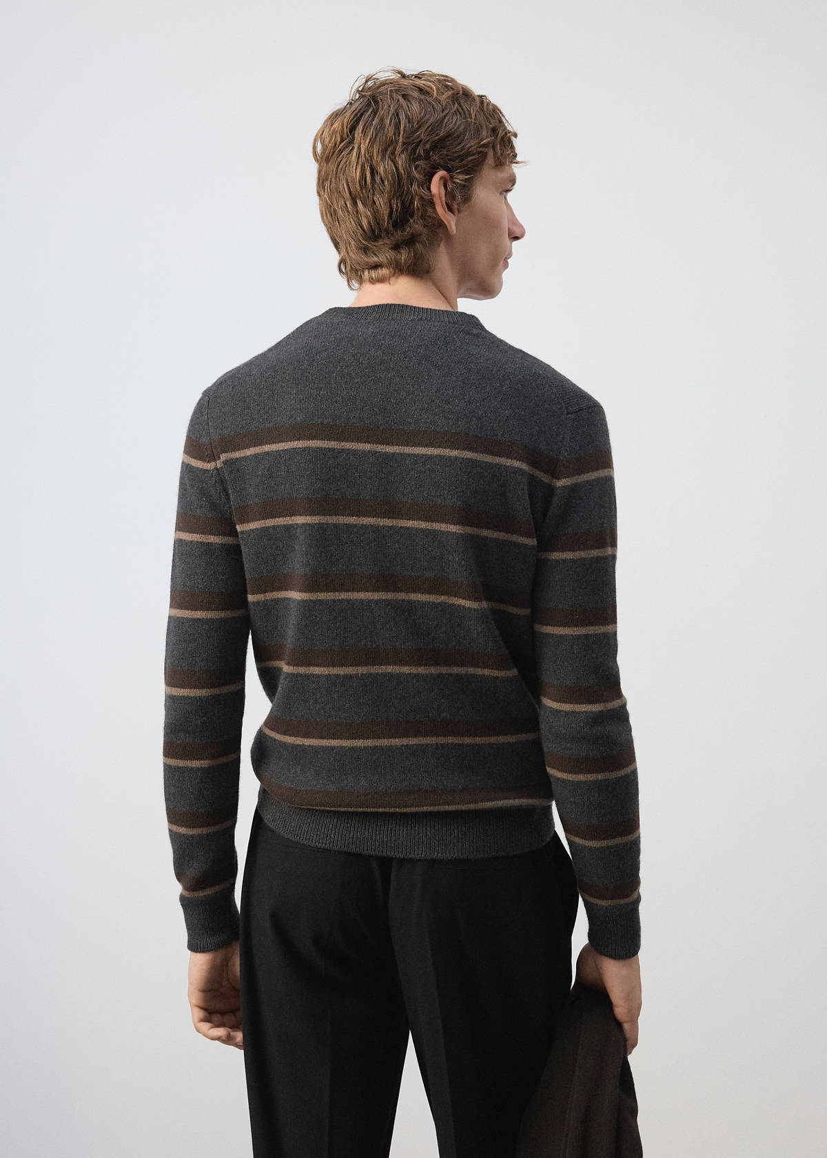 Knitted jumper in wool-cashmere blend with stripes — Dark Heather Grey