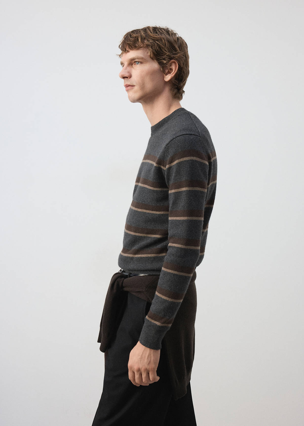 Knitted jumper in wool-cashmere blend with stripes — Dark Heather Grey
