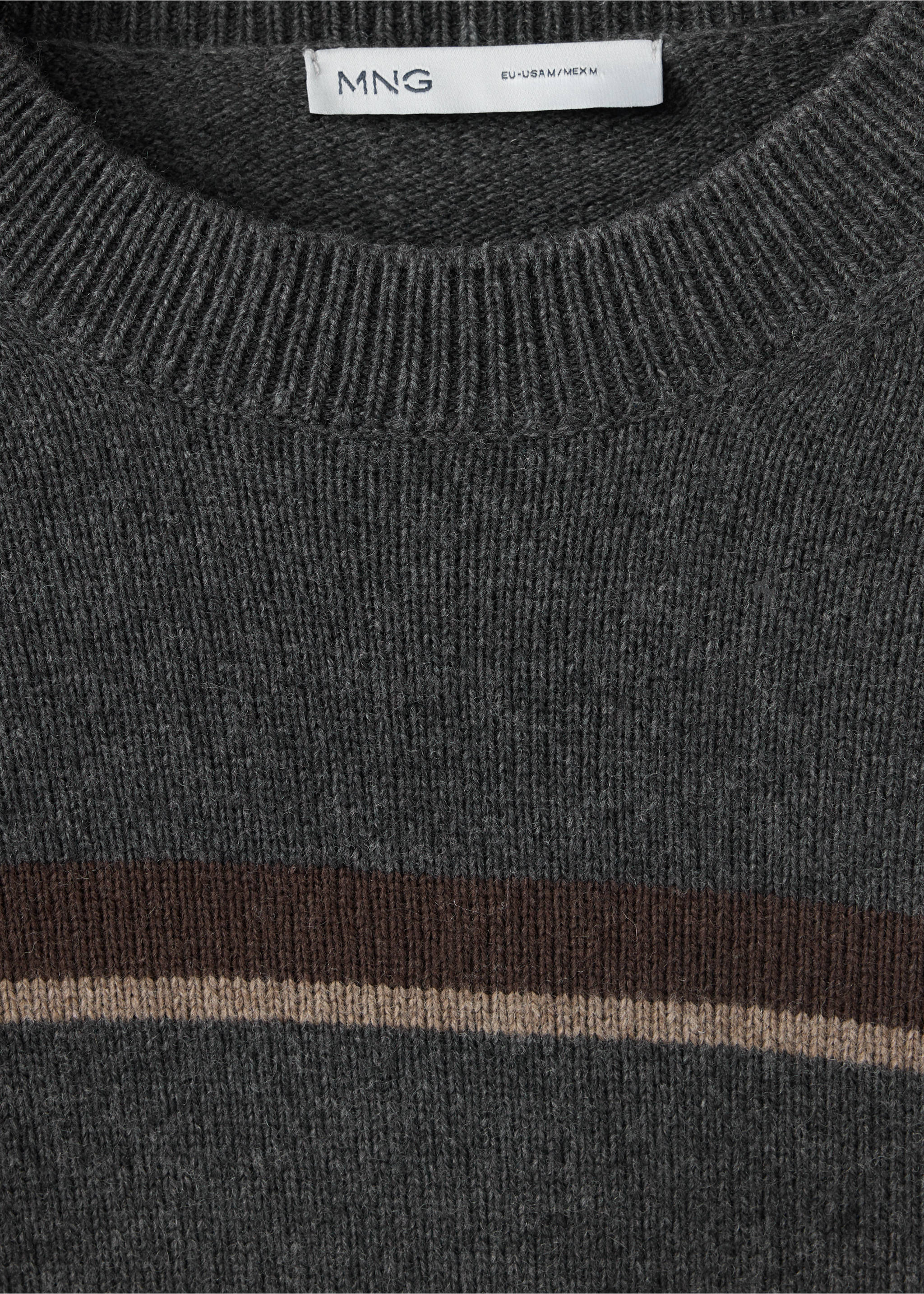 Close-up of a dark grey knit jersey with crew neck and brown and beige stripes., Dark Heather Grey. Ref: 37027909-00.