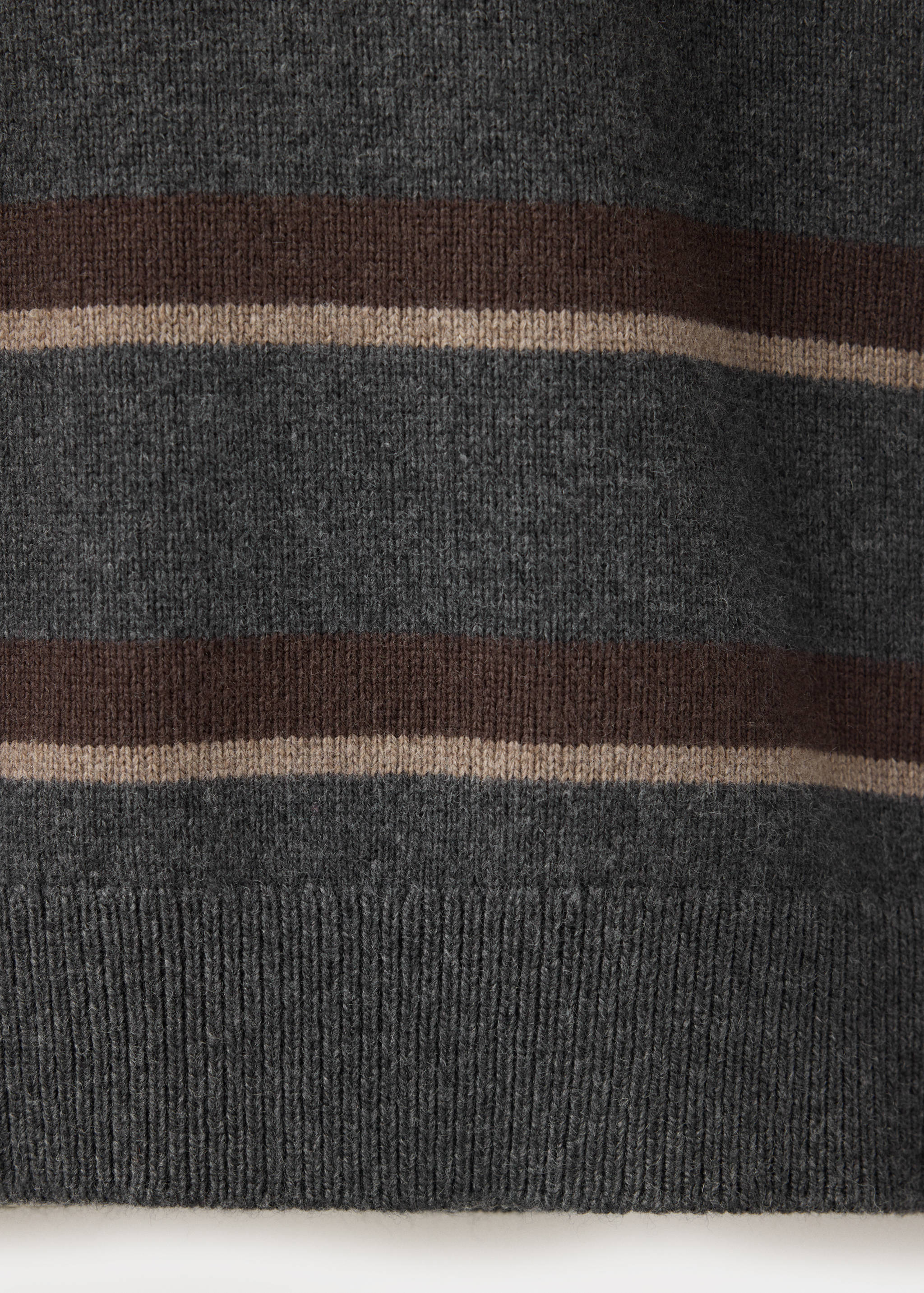 Close-up of a men's dark grey, brown, and beige striped knit sweater fabric.