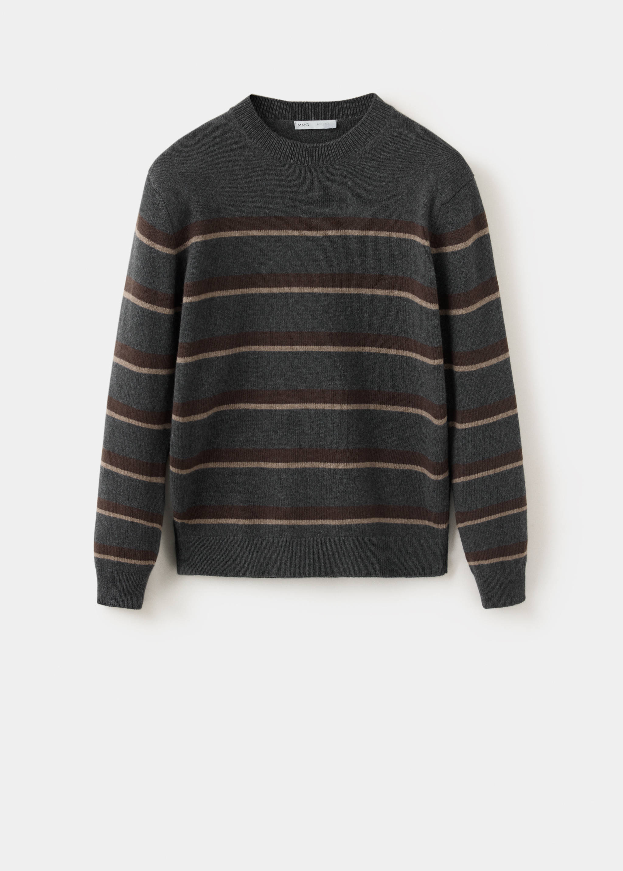 Men's dark grey striped jersey with a ribbed crew neck.