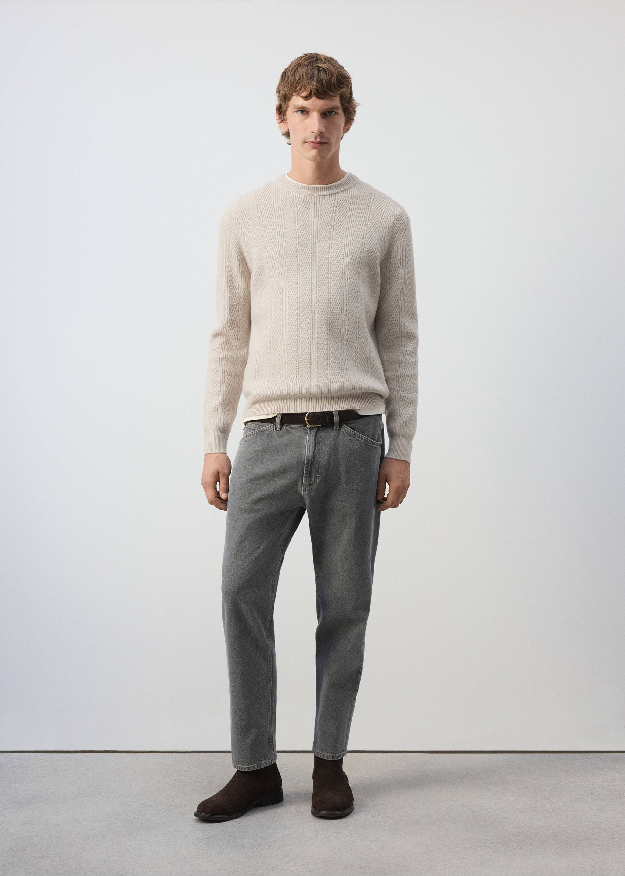 Beige textured crew-neck jersey worn with grey trousers and a belt., Ice Grey. Ref: 37027913-00.