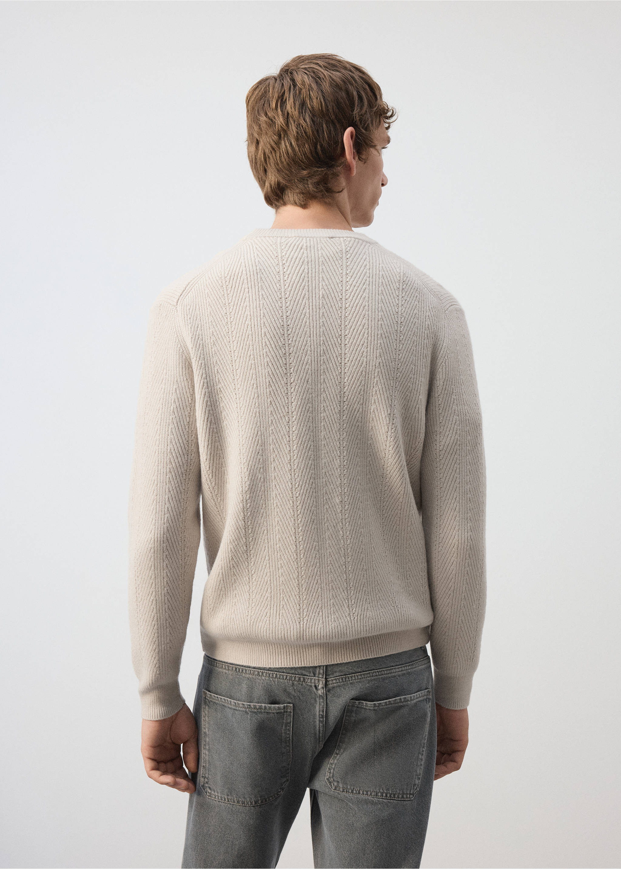 Back view of a beige knit jersey with a textured pattern, crew neck, and ribbed trim., Ice Grey. Ref: 37027913-00.