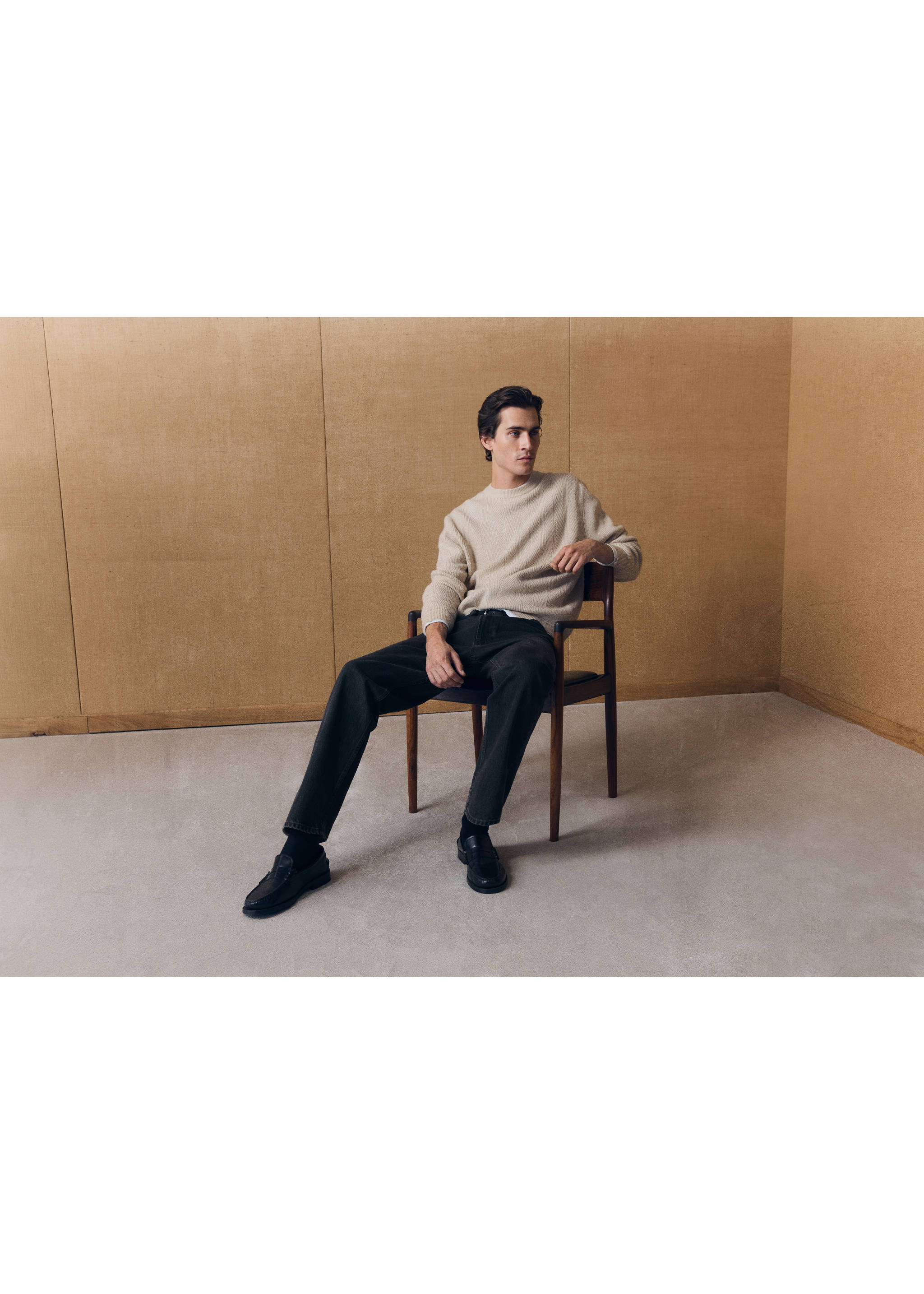 Textured beige crew neck jumper worn by a seated model., Ice Grey. Ref: 37027913-00.