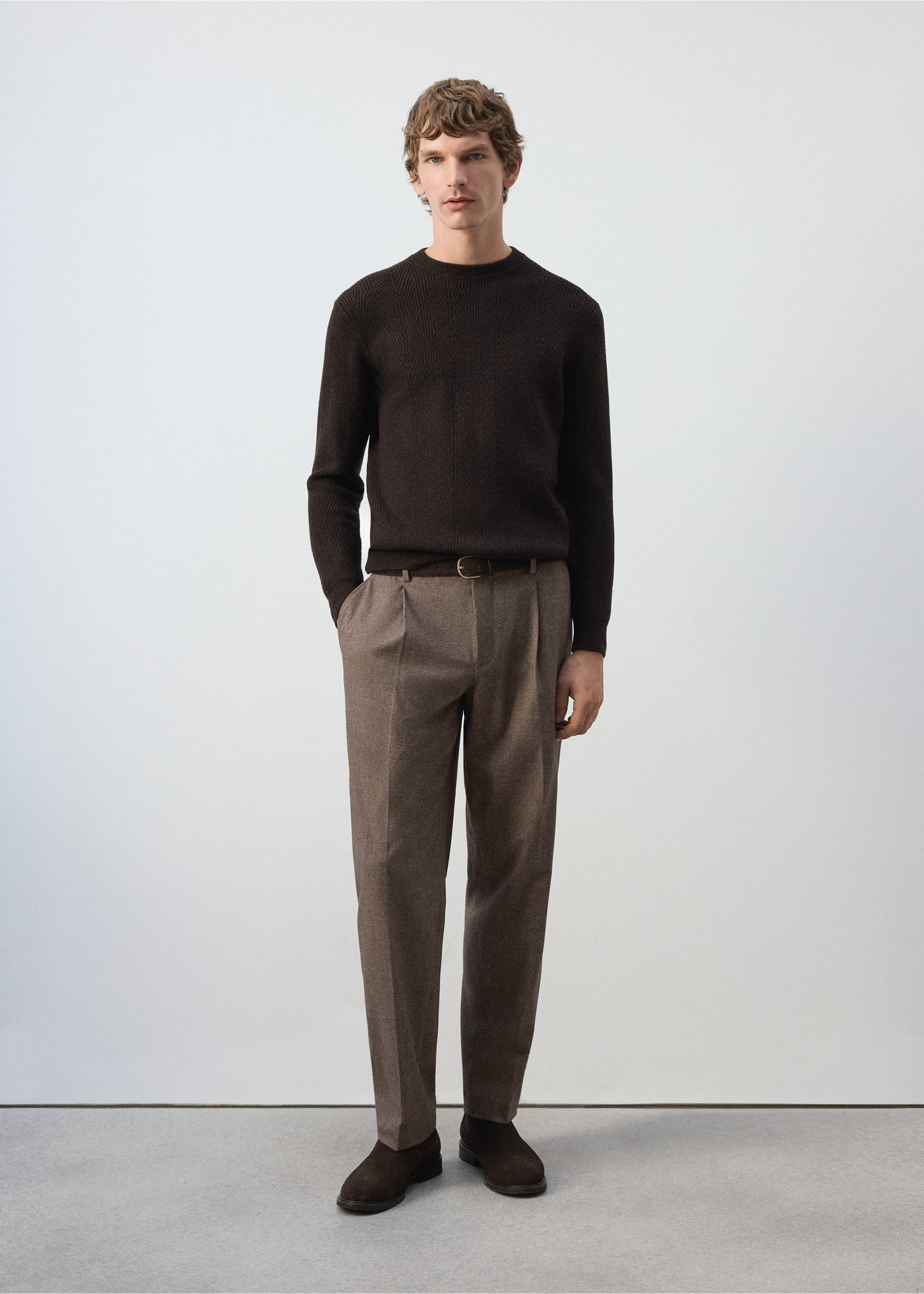 Dark brown crew neck jersey with long sleeves and ribbed trim., Chocolate. Ref: 37027913-00.