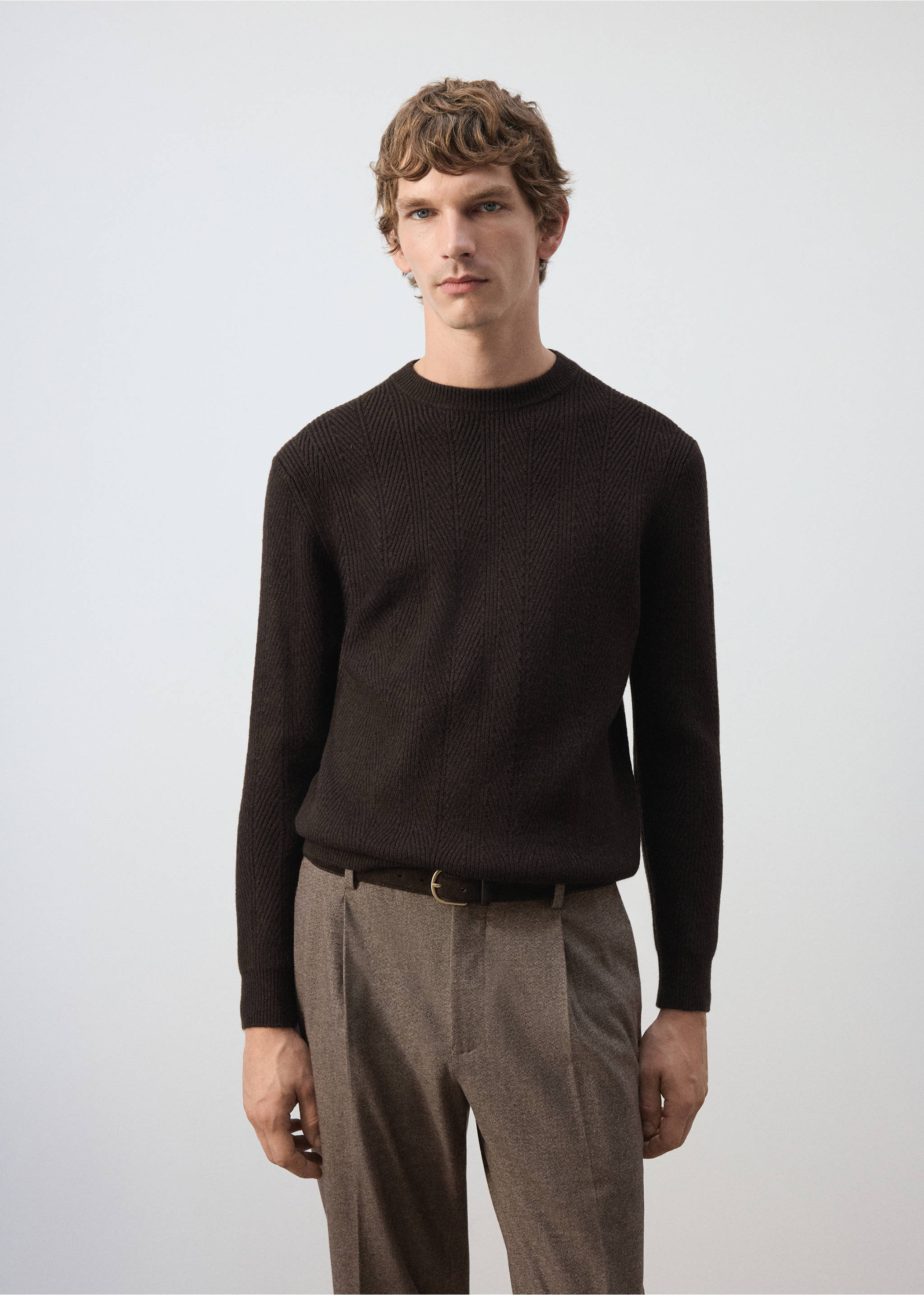 Dark brown knitted jersey with a textured chevron pattern and crew neck., Chocolate. Ref: 37027913-00.