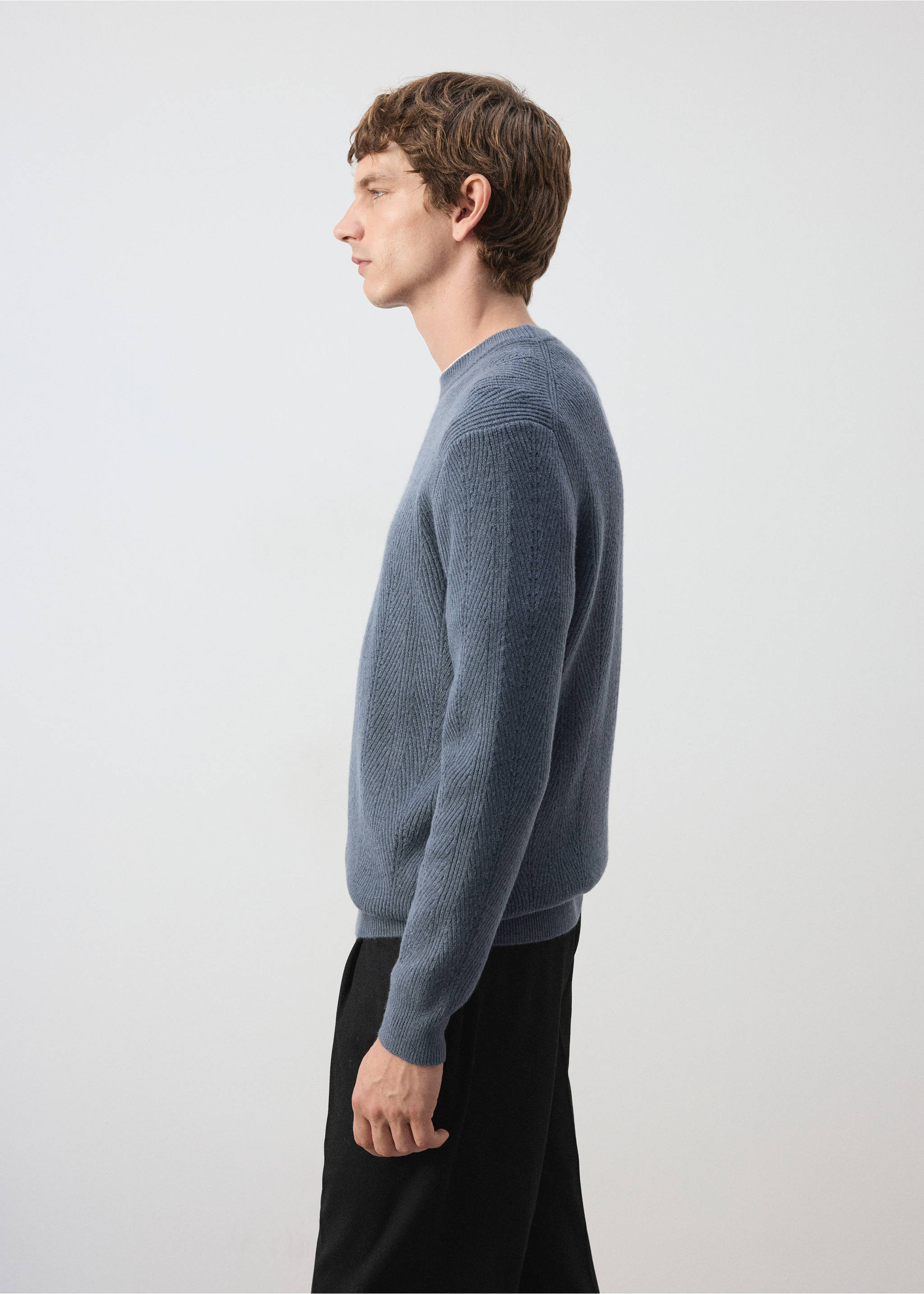 Blue knitted crew-neck jersey in a textured ribbed pattern., Indigo Blue. Ref: 37027913-00.