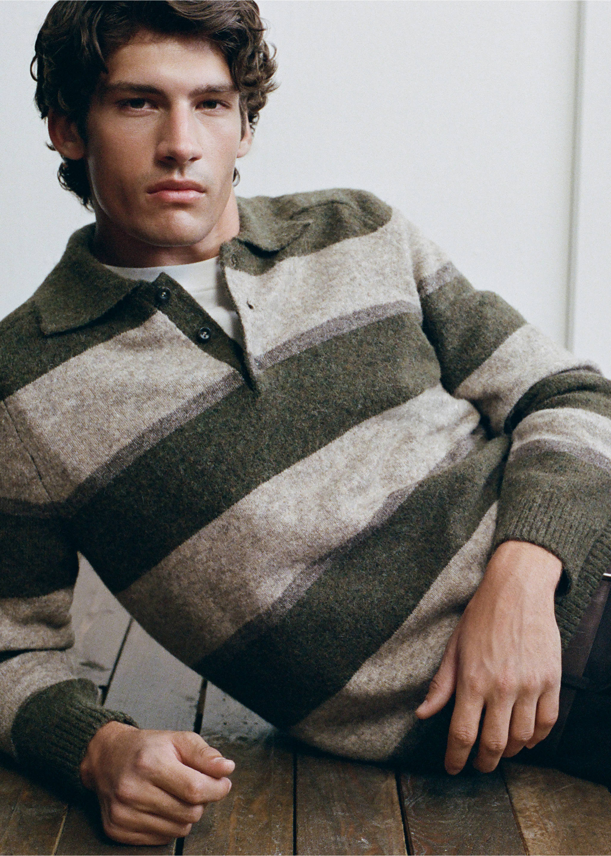 Striped alpaca wool blend polo jumper - Details of the article 5, Olive Green. Ref: 37027917-00.