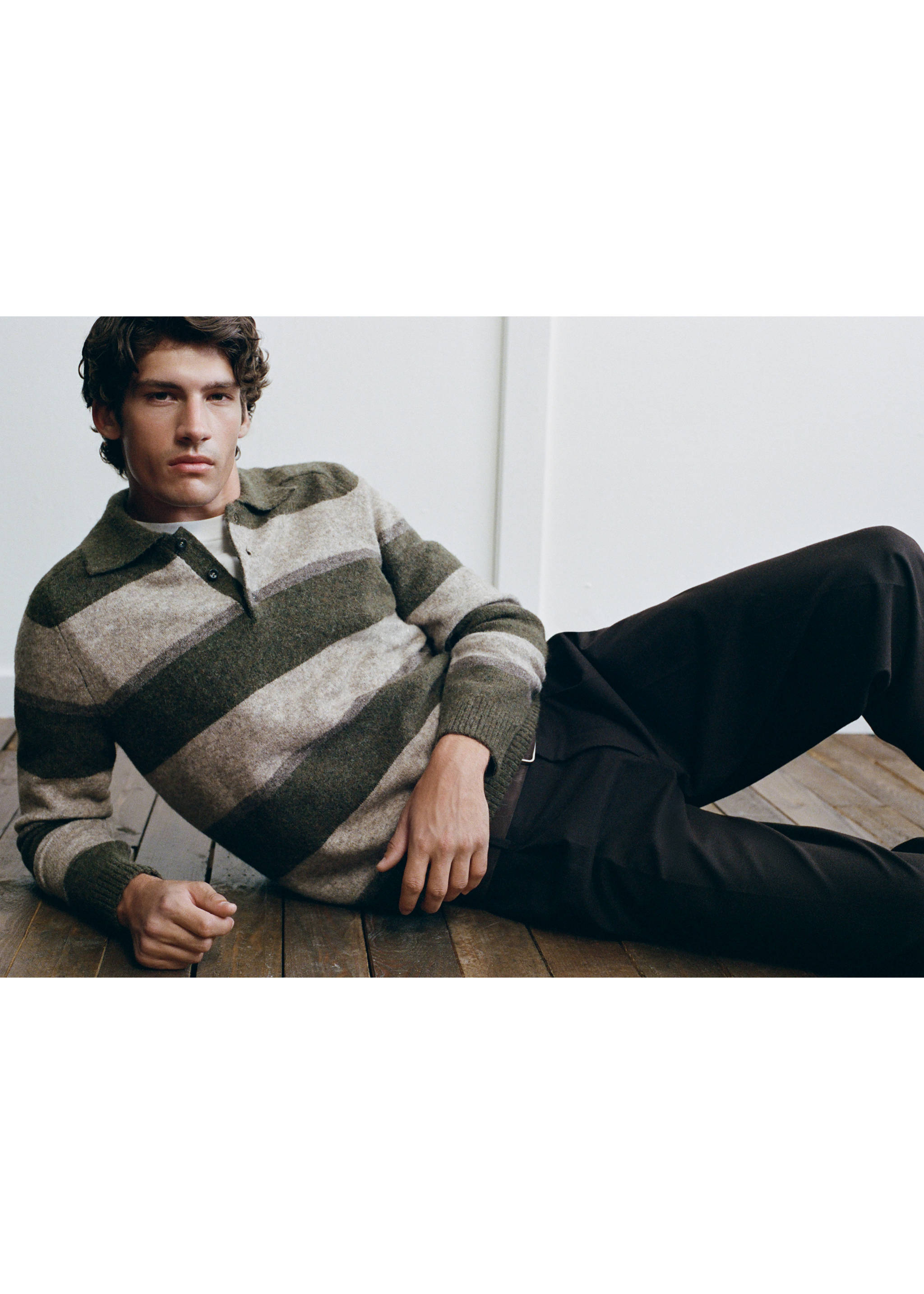 Striped alpaca wool blend polo jumper - Details of the article 6, Olive Green. Ref: 37027917-00.