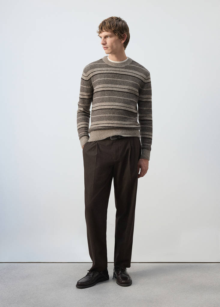 Sweter z dzianiny z mieszanki wełny i alpaki w paski średni brązowy - Mężczyzna - S - MANGO MAN