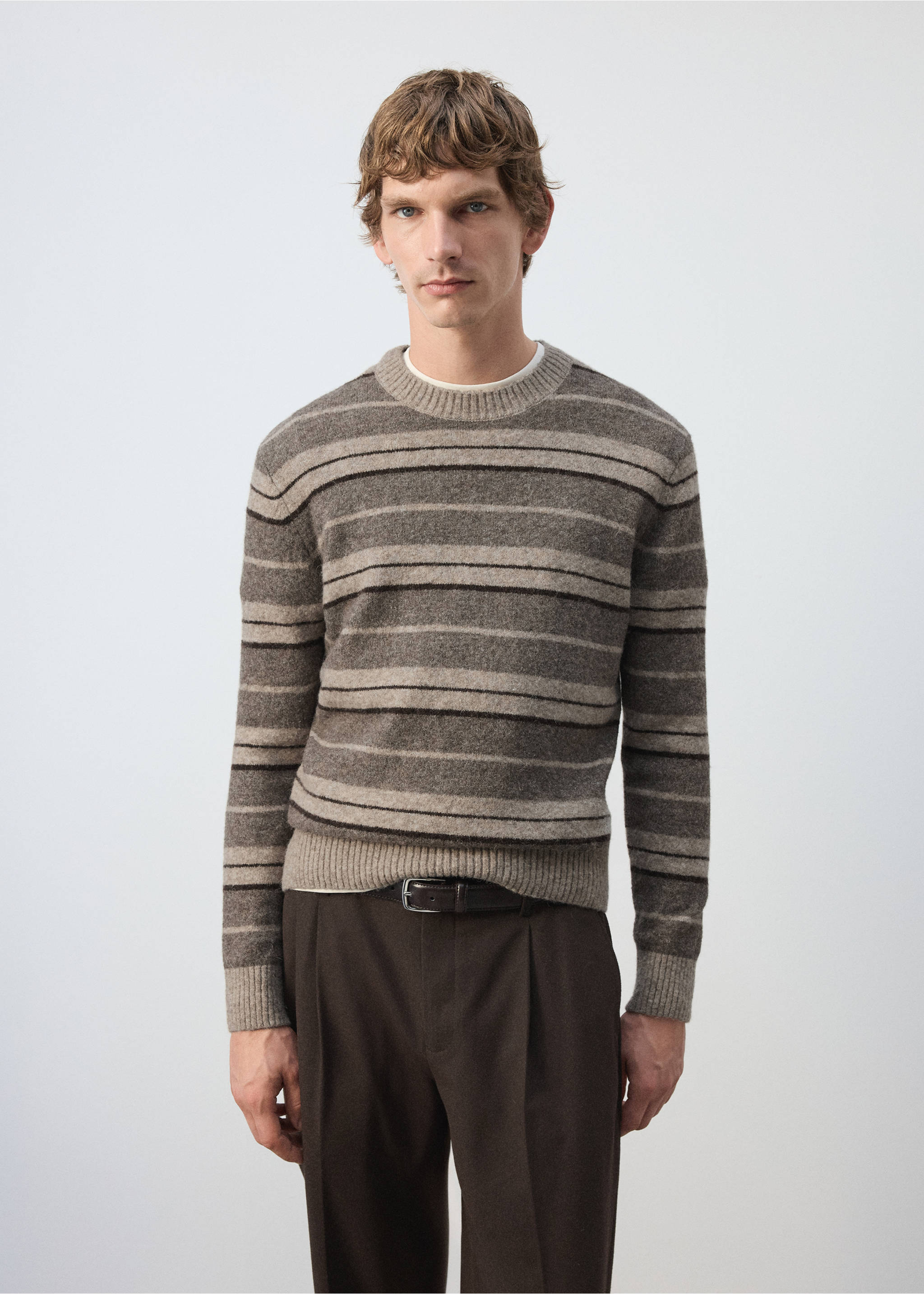 Brown striped crew-neck jersey in a knit texture with ribbed trim., Medium Brown. Ref: 37027918-00.