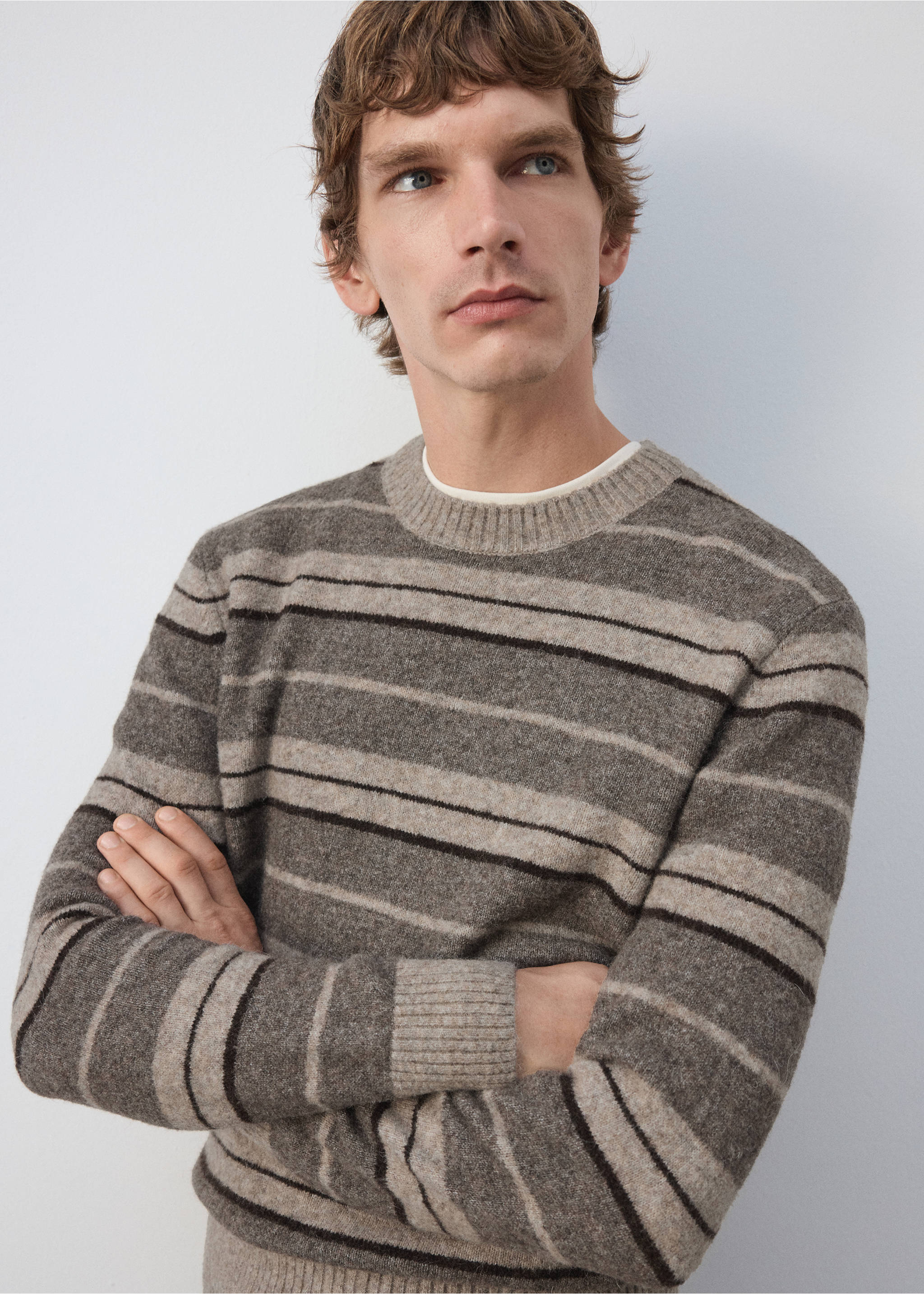 Striped knit crew-neck jersey in brown and beige tones., Medium Brown. Ref: 37027918-00.