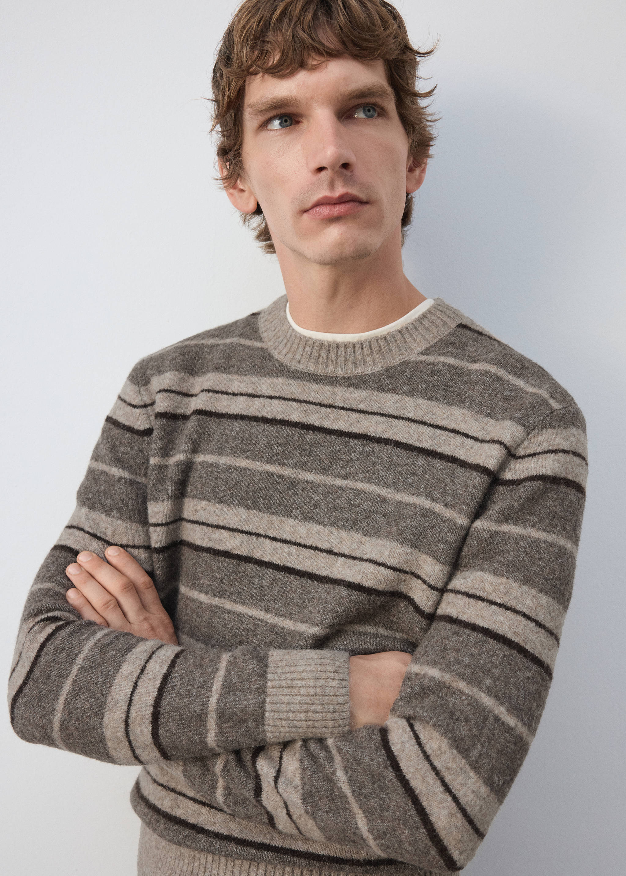 Striped knit crew-neck jersey in brown and beige tones.