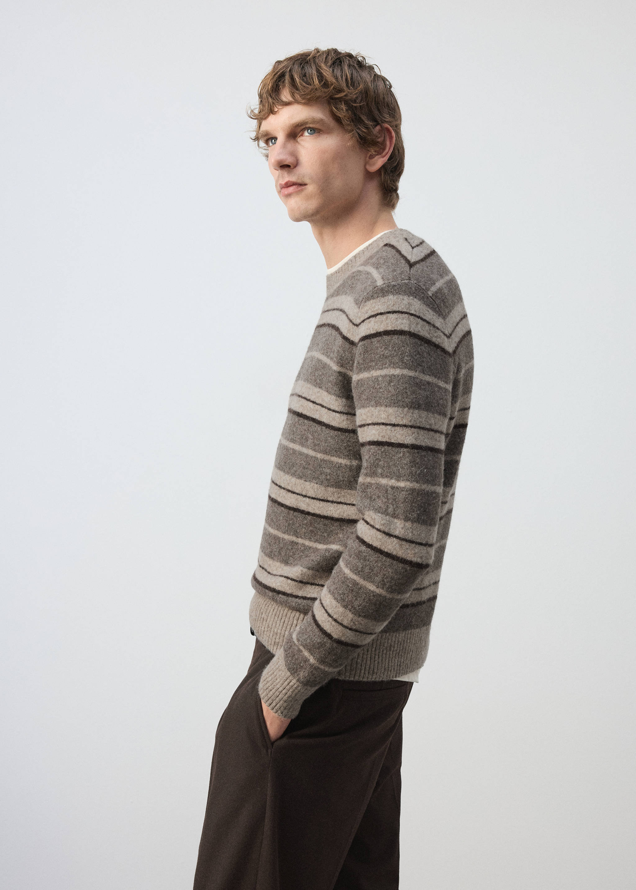 Brown striped knitted jersey with chevron detail and a crew neckline.