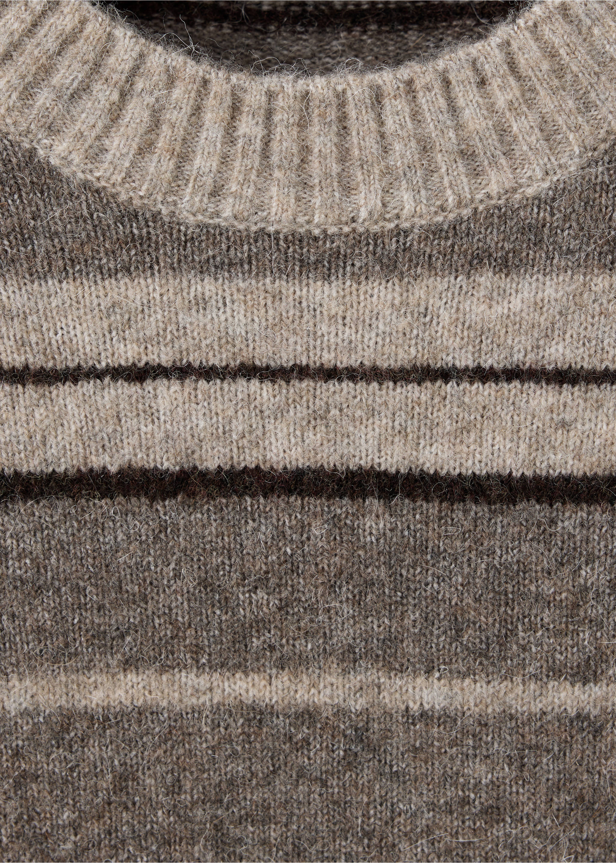 Close-up of a striped brown and beige knit sweater with a ribbed crew neck., Medium Brown. Ref: 37027918-00.