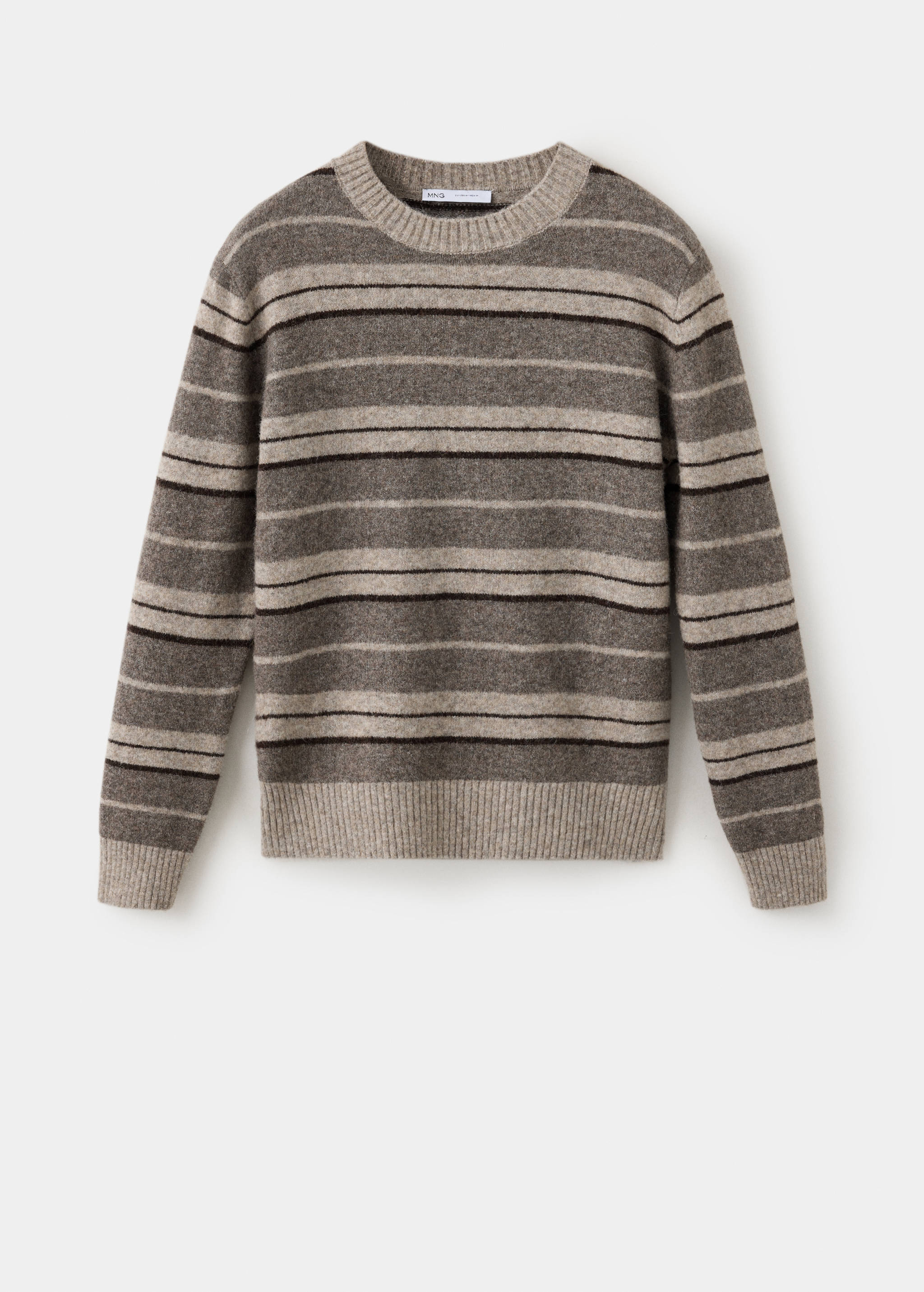 Brown and beige striped crew-neck jersey in a ribbed knit.