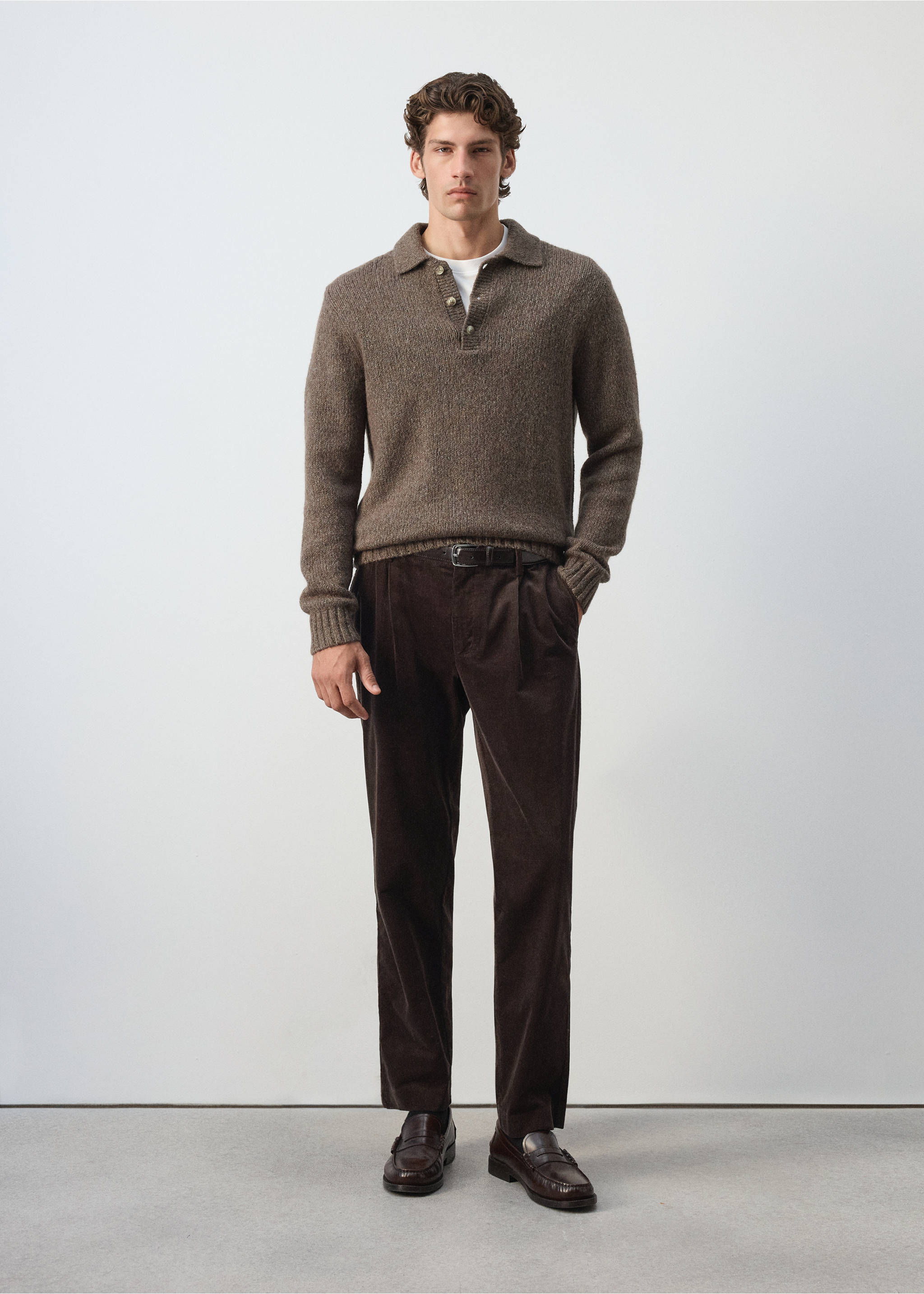 Wool-cotton blend knitted polo shirt - General plane, Khaki. Ref: 37027919-00.