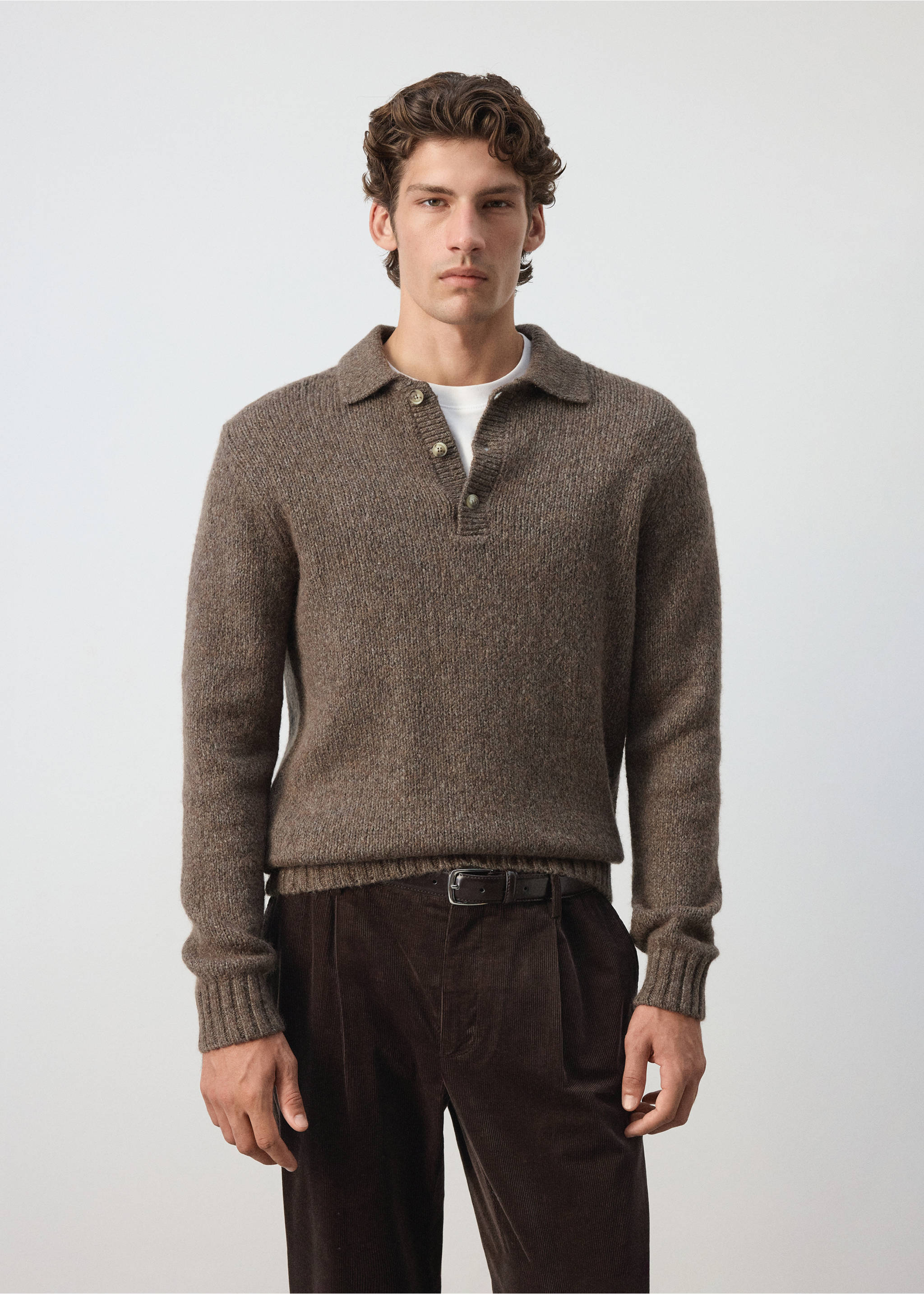 Wool-cotton blend knitted polo shirt - Medium plane, Khaki. Ref: 37027919-00.