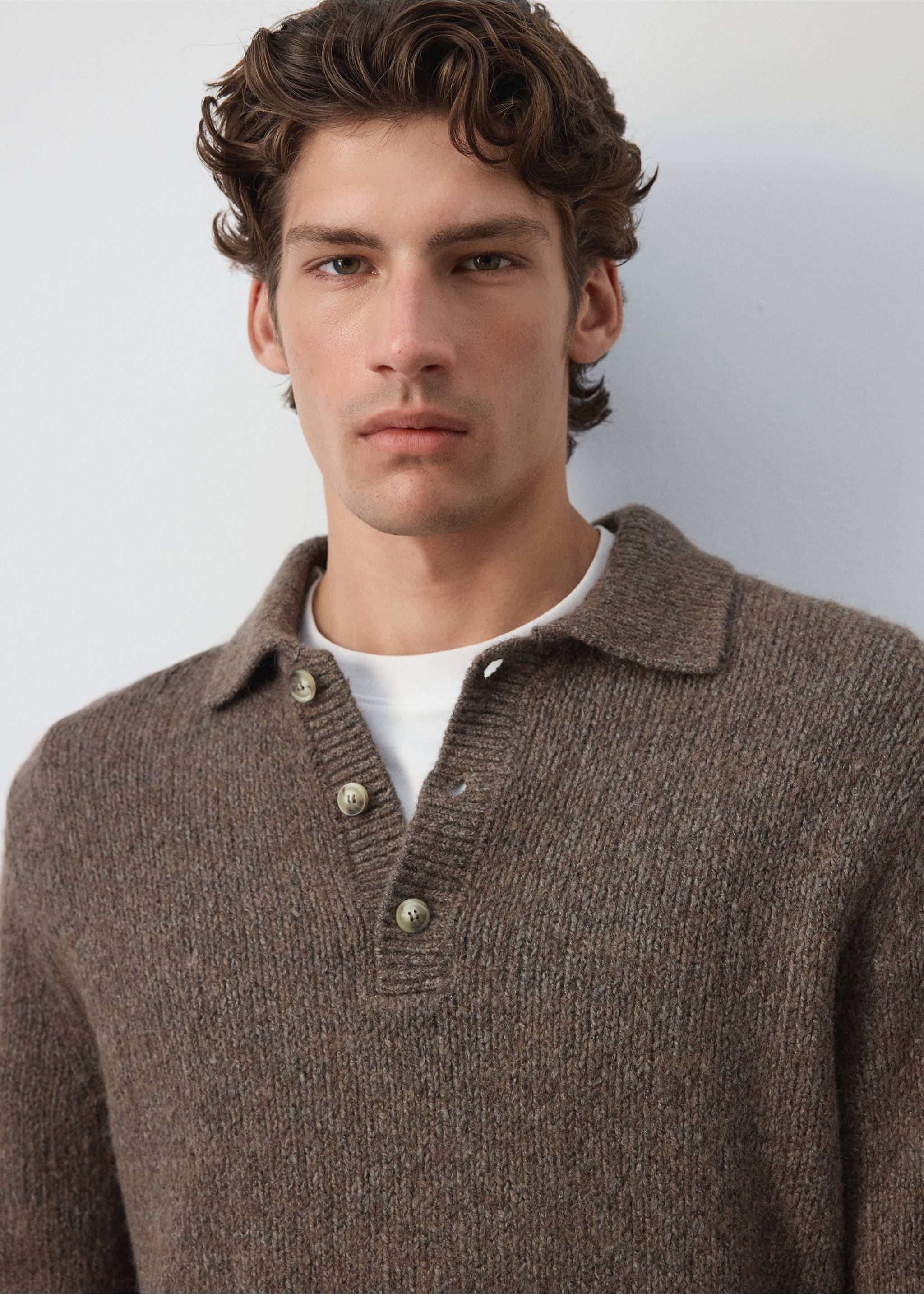 Brown knitted polo sweater with a collar and buttoned placket., Khaki. Ref: 37027919-00.
