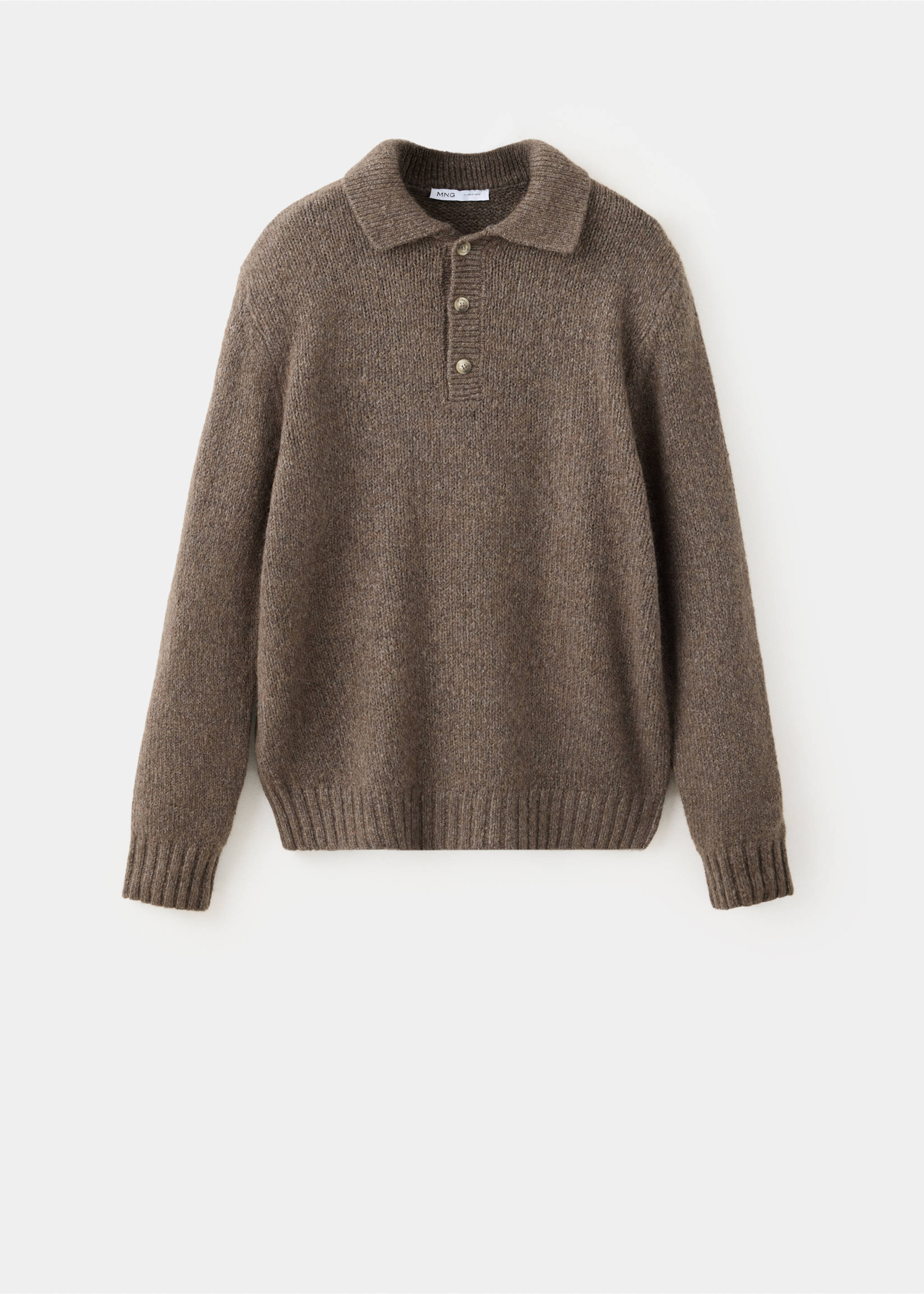 Brown knitted polo sweater with a three-button placket and ribbed trims., Khaki. Ref: 37027919-00.