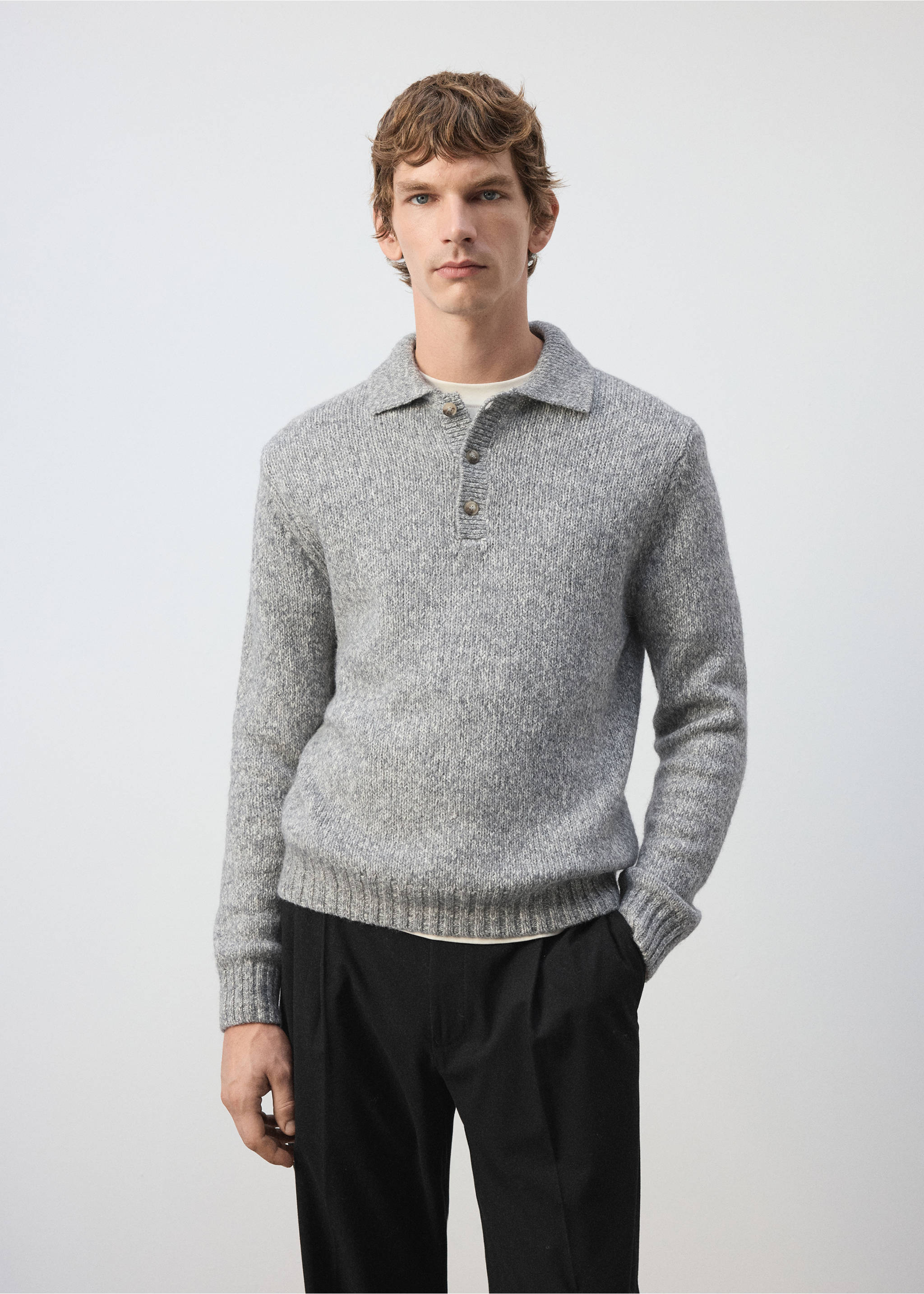Grey marled knit polo shirt with long sleeves and a buttoned placket., Light Heather Grey. Ref: 37027919-00.