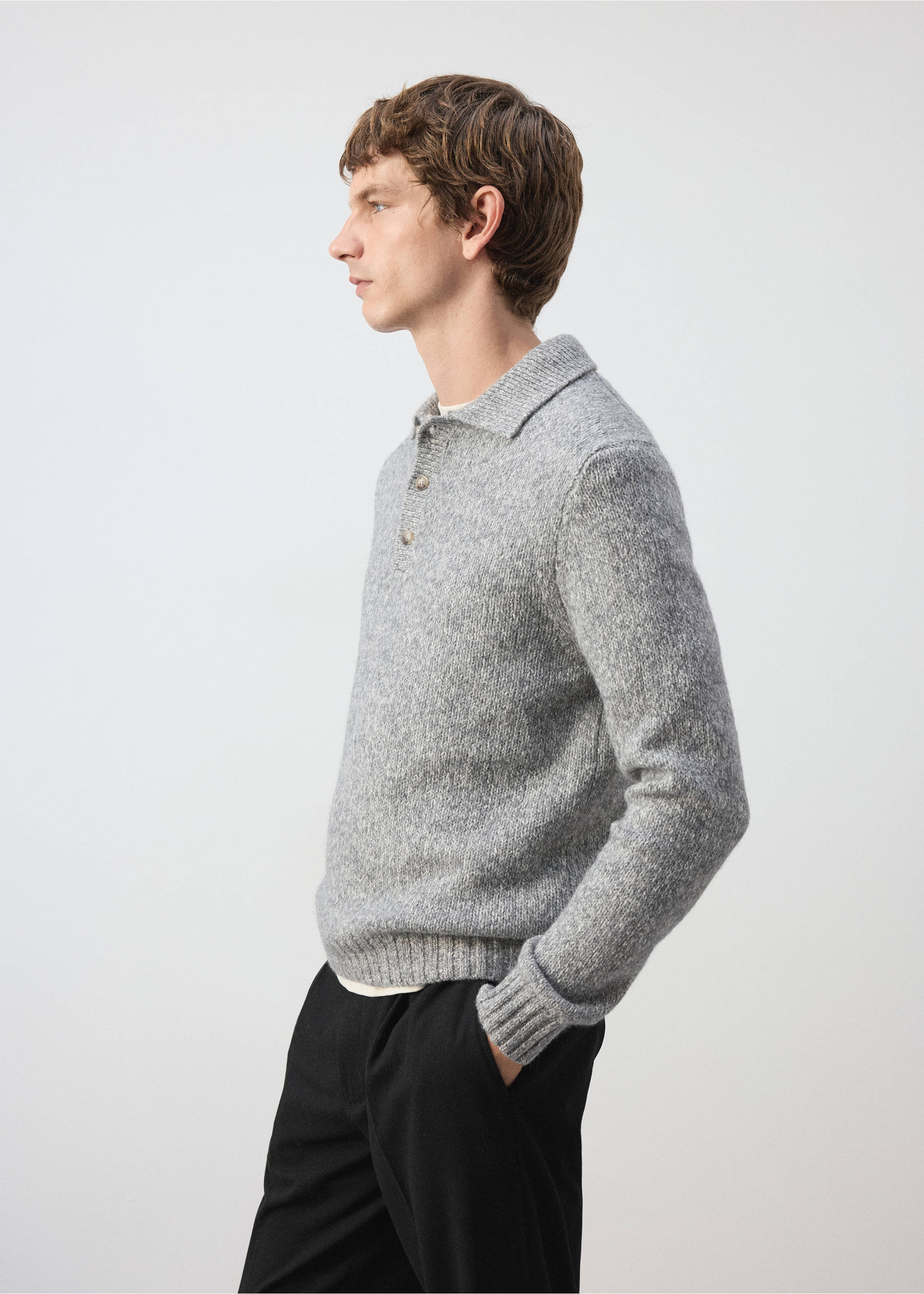 Grey knit long-sleeved polo shirt with a button placket., Light Heather Grey. Ref: 37027919-00.