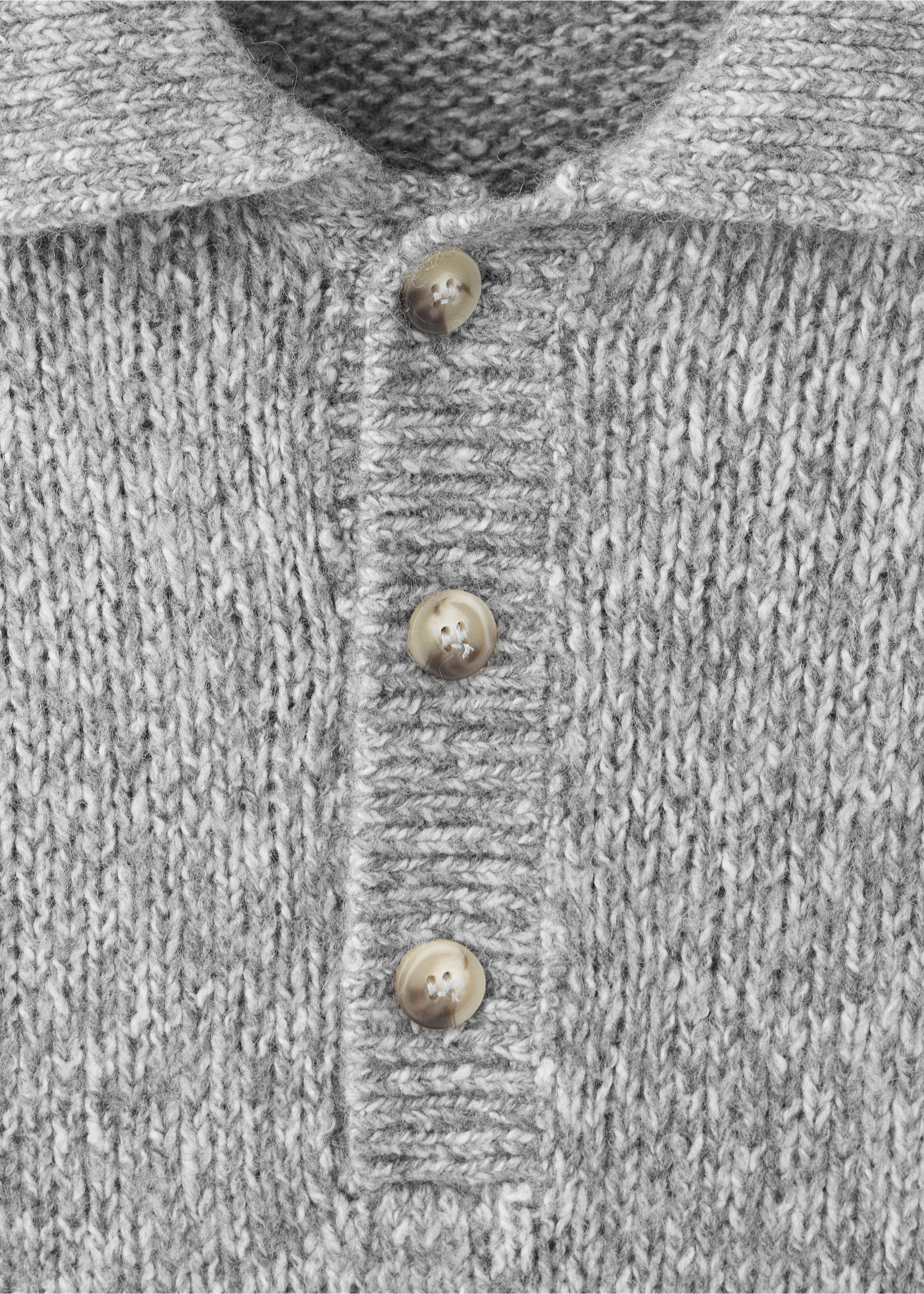 Close-up of a grey knitted polo shirt with a button placket and collar., Light Heather Grey. Ref: 37027919-00.