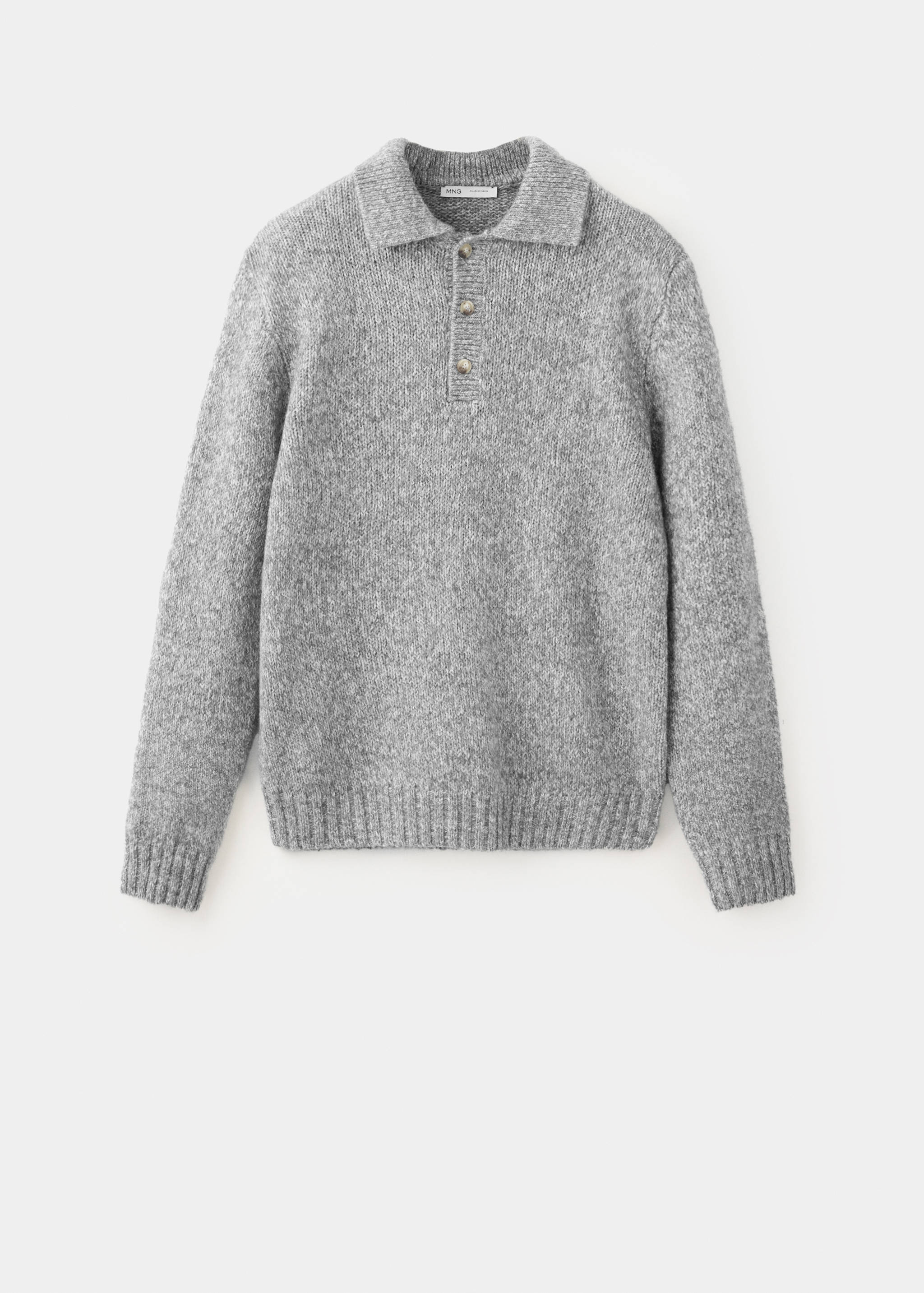 Grey marl knit polo with a pointed collar and three-button placket.