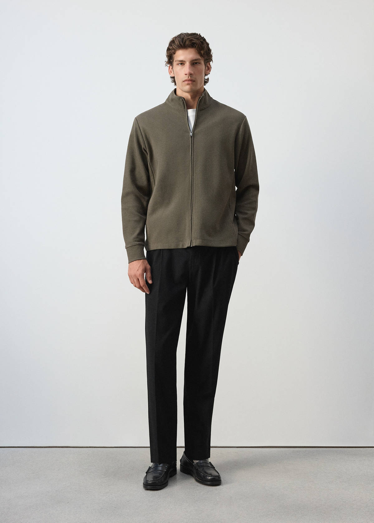Cotton knit textured sweatshirt — Olive Green