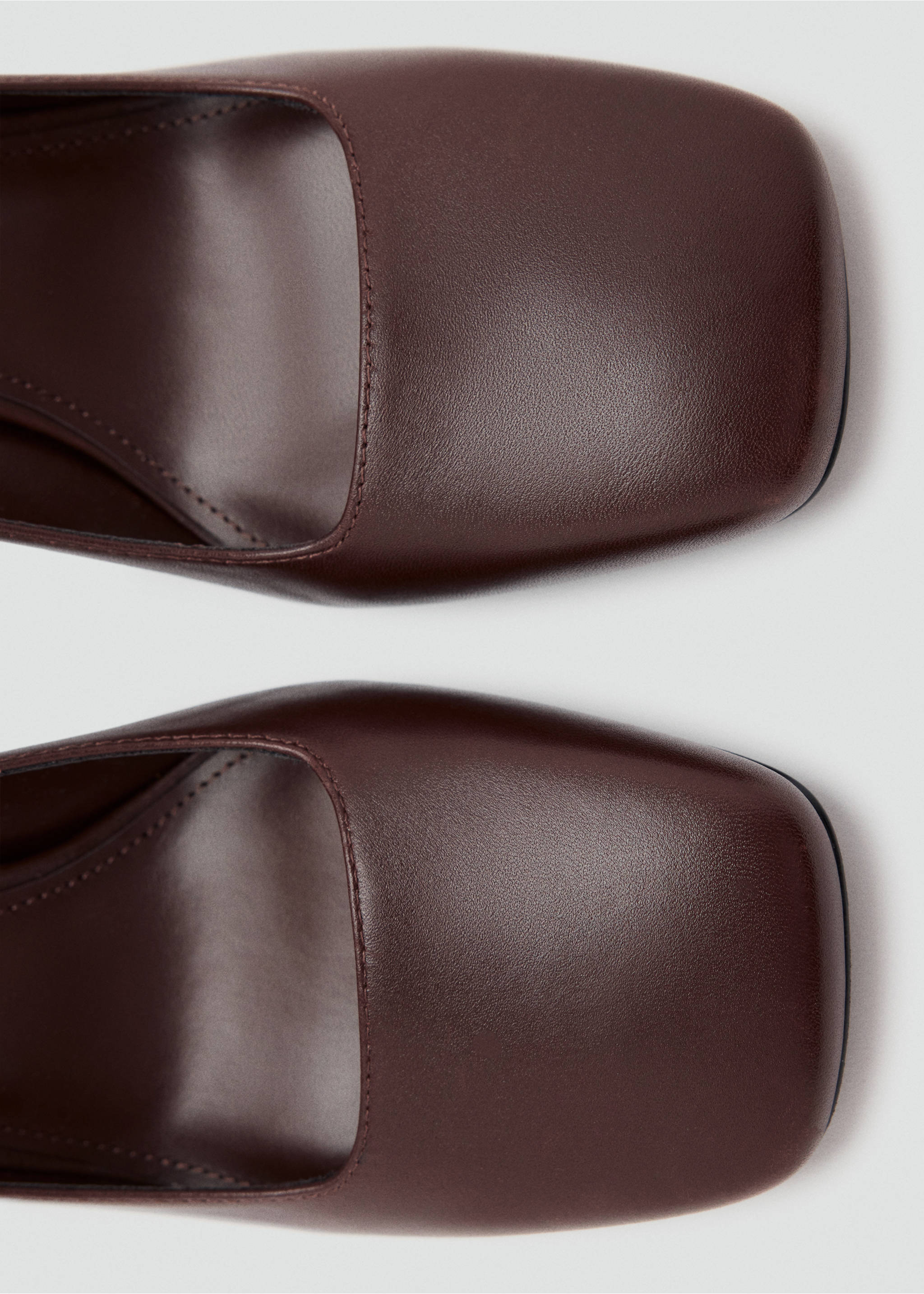 Close-up detail of dark brown square-toe shoes., Chocolate. Ref: 37027925-00.