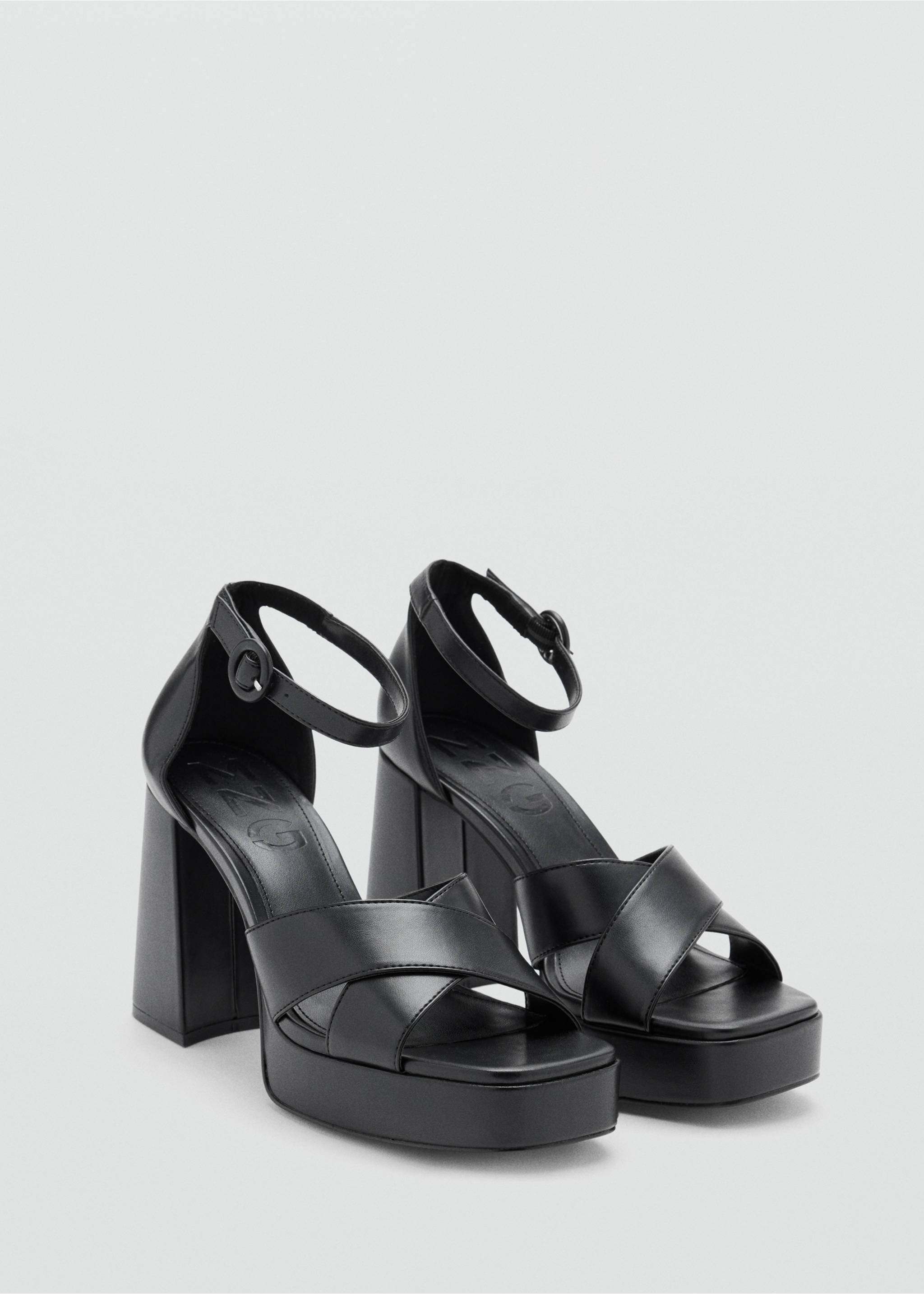 Black platform sandals with a high block heel, crossed toe straps and an ankle strap., Black. Ref: 37027926-00.