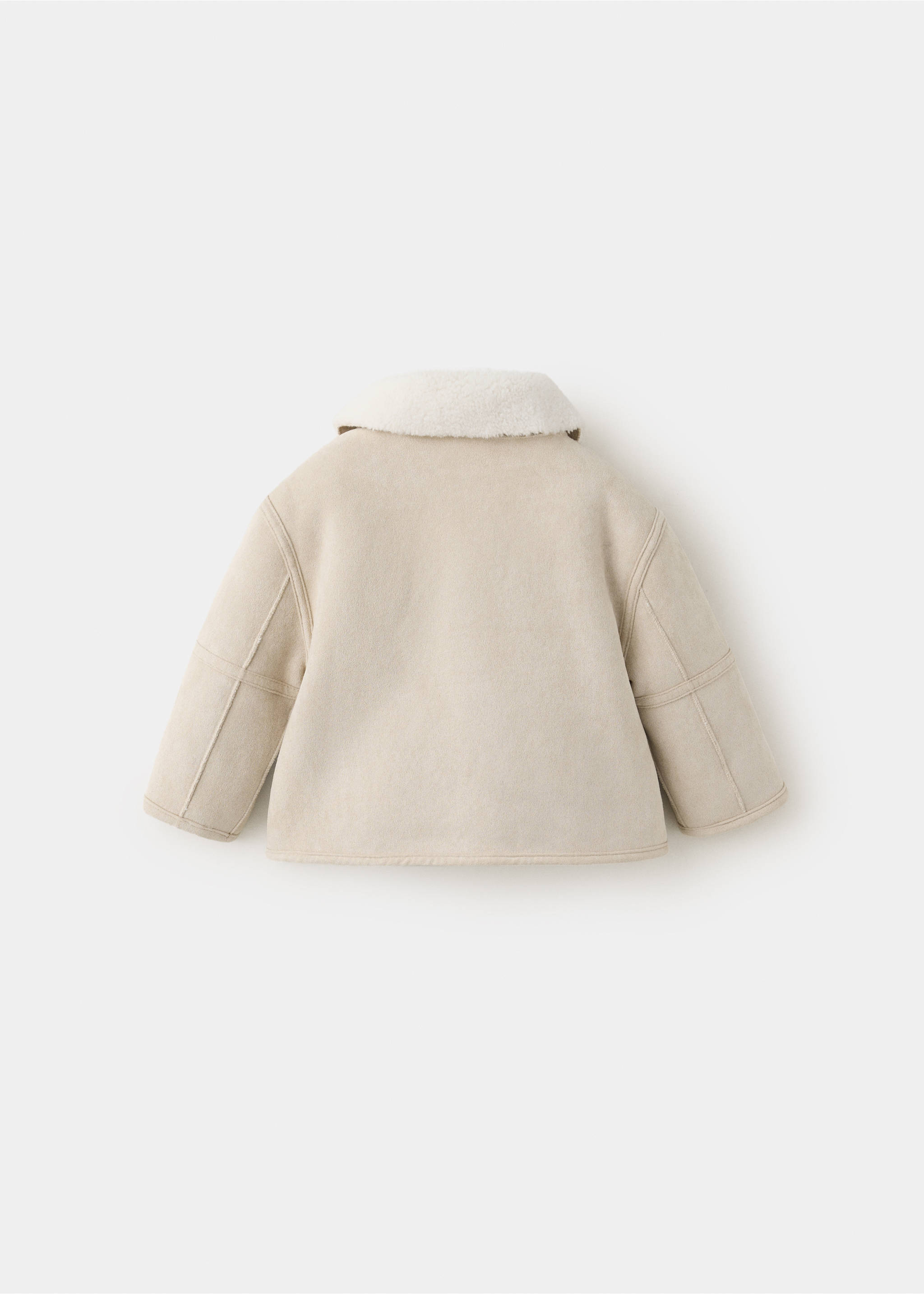 Beige faux-suede children's coat with a cream faux-shearling collar, back view., Ecru. Ref: 37027928-00.