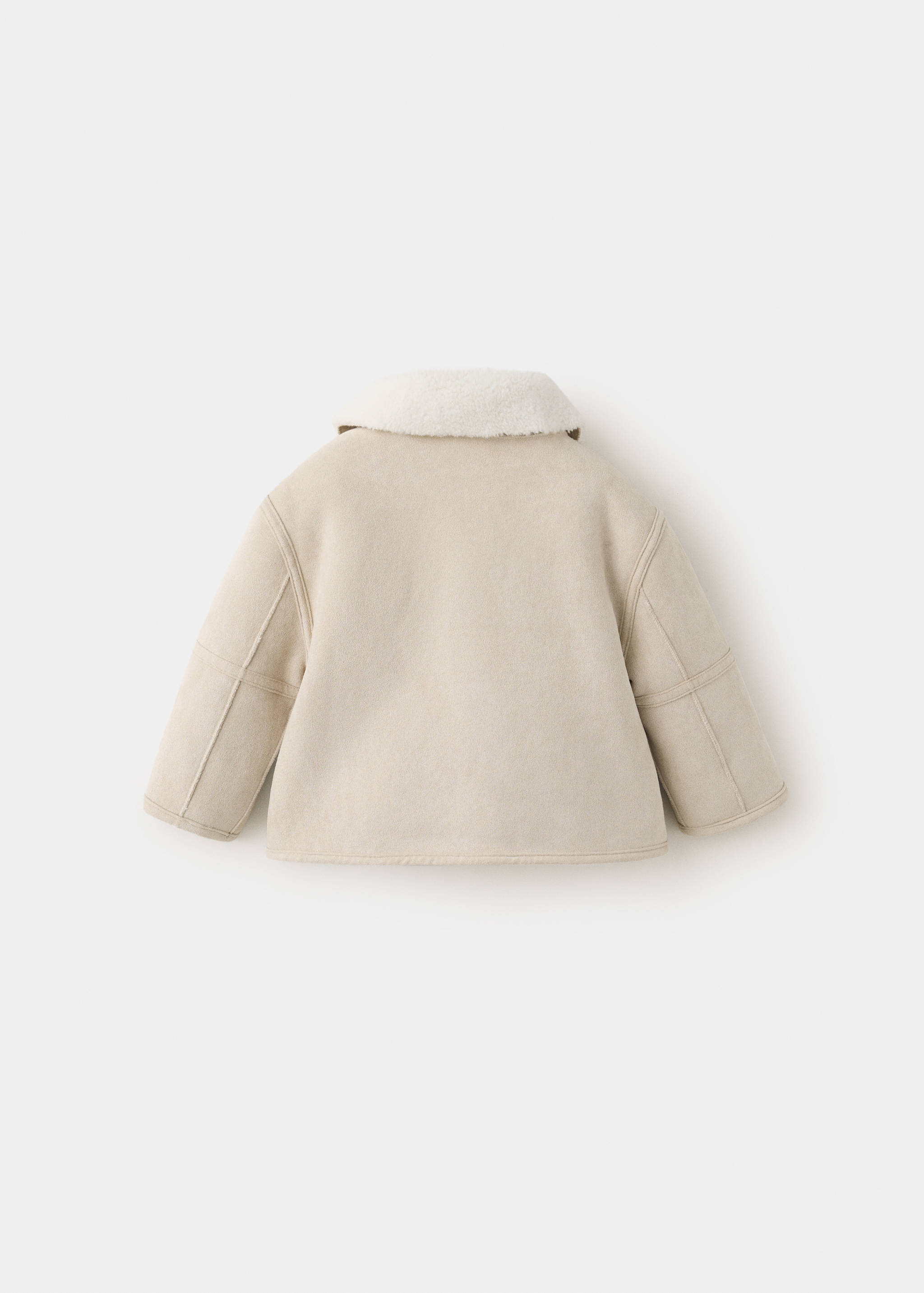 Beige faux-suede children's coat with a cream faux-shearling collar, back view.
