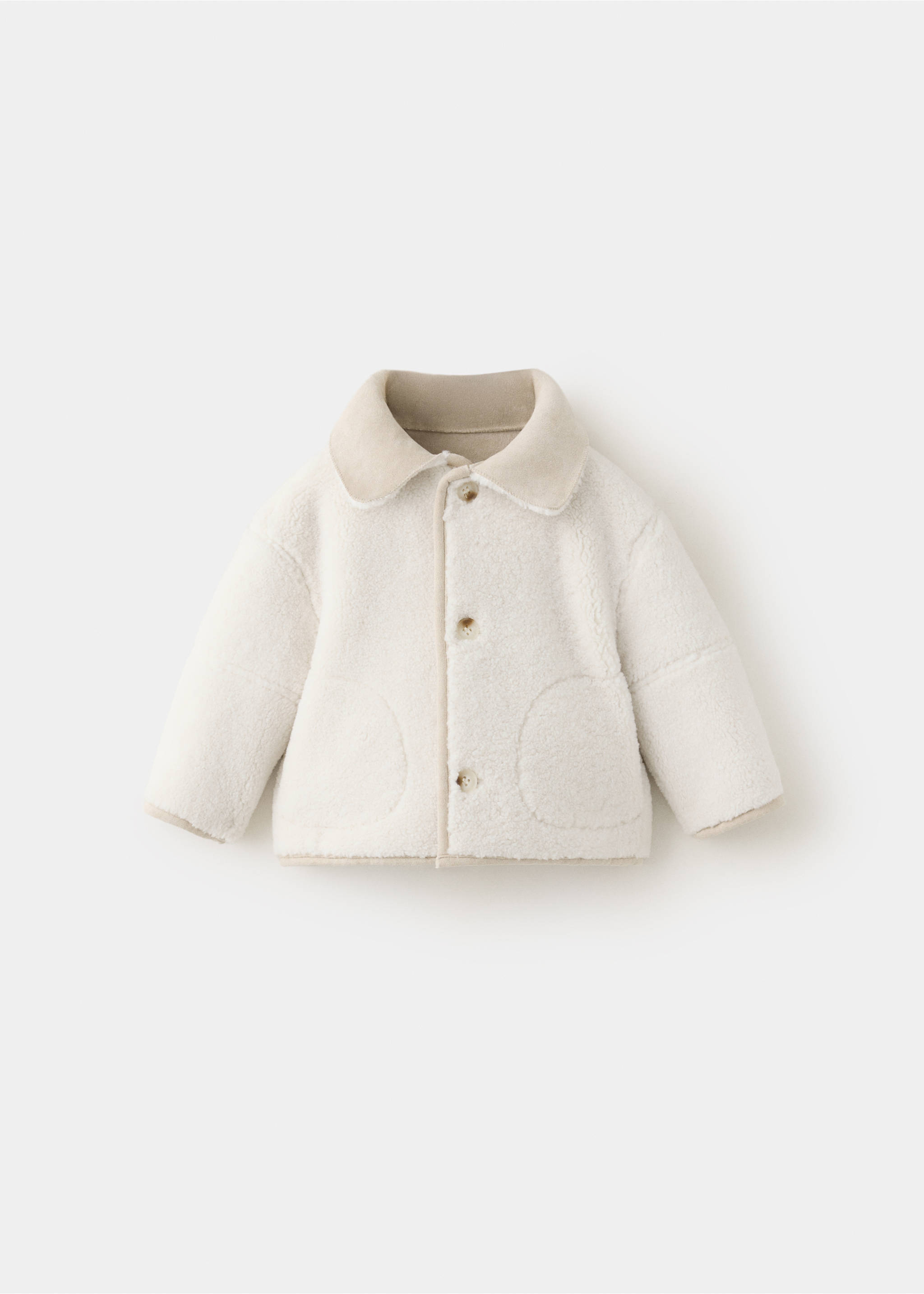 Off-white children's coat in soft textured faux-shearling with a smooth collar., Ecru. Ref: 37027928-00.
