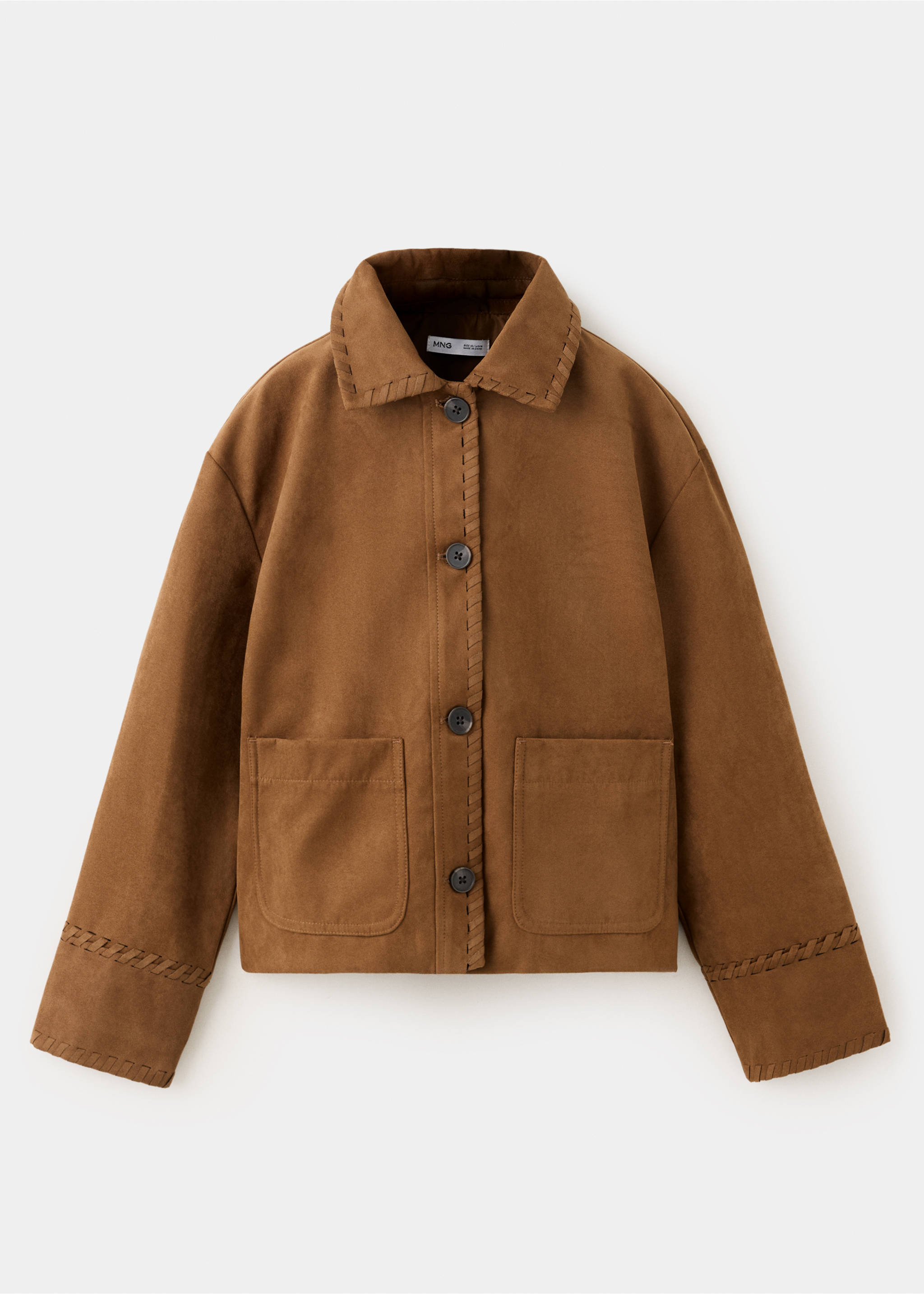Brown kids jacket with whipstitch trim, front buttons, and patch pockets., Brown. Ref: 37027934-00.