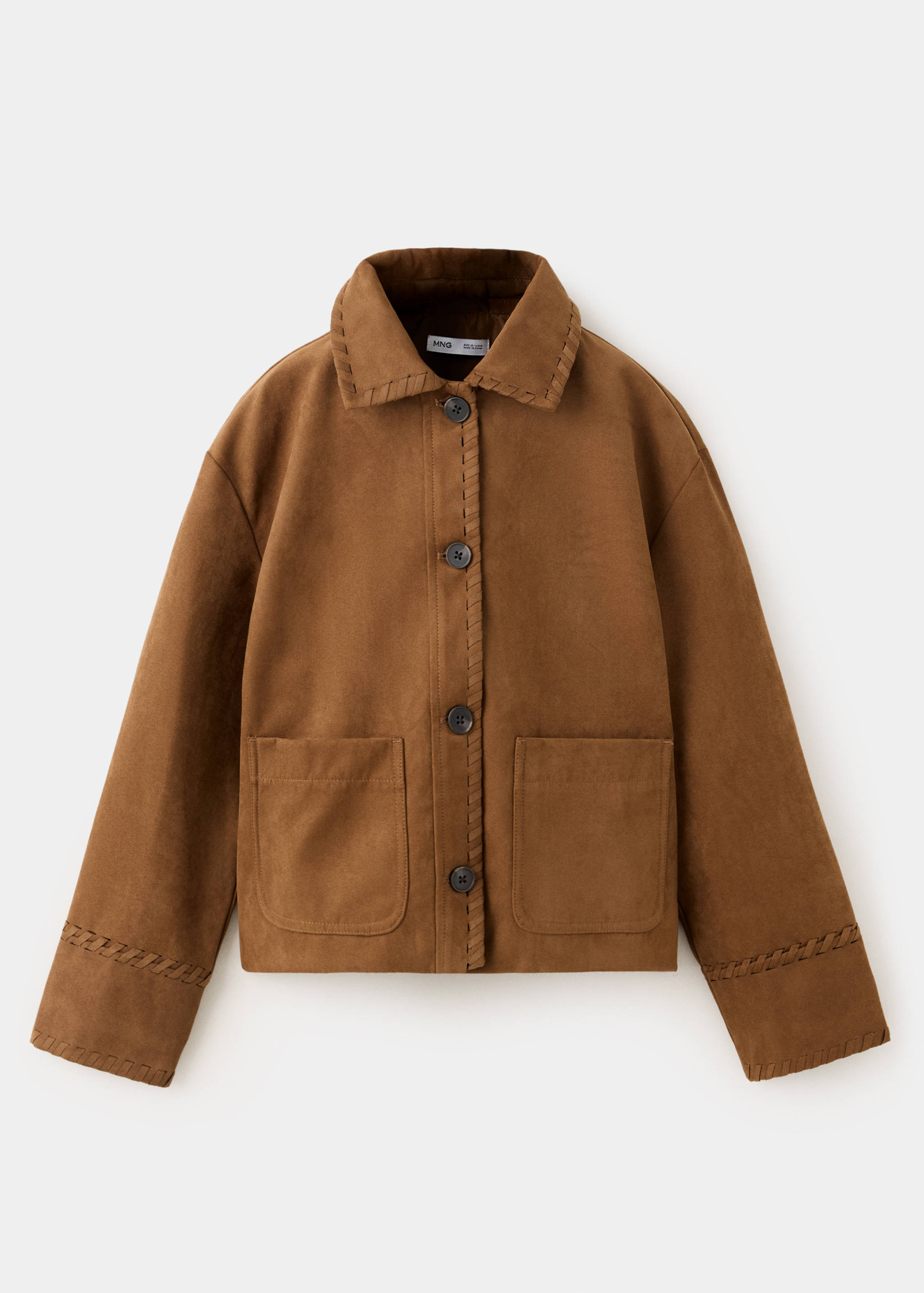 Brown kids jacket with whipstitch trim, front buttons, and patch pockets.