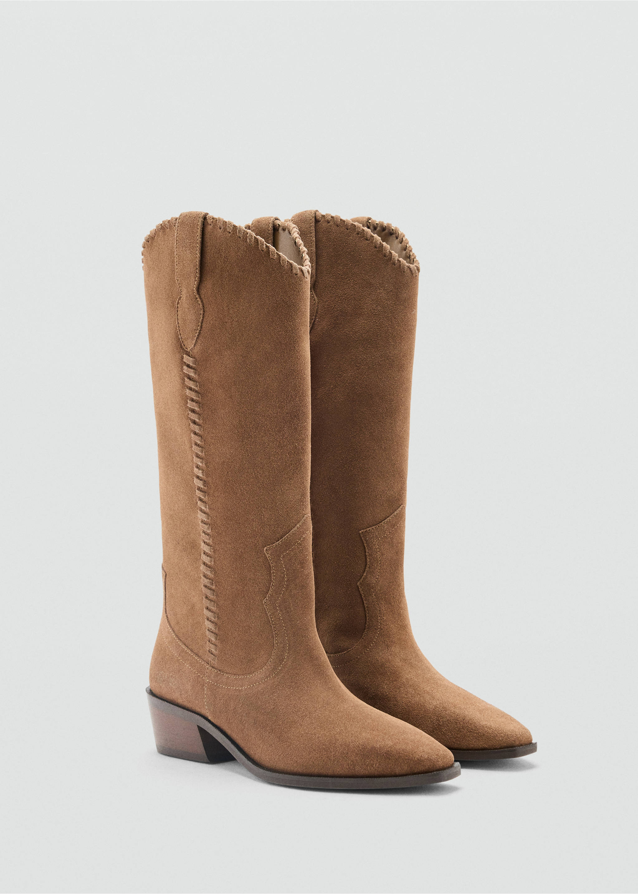 Brown suede cowboy boots with pointed toes and decorative topstitching., Medium Brown. Ref: 37027936-00.