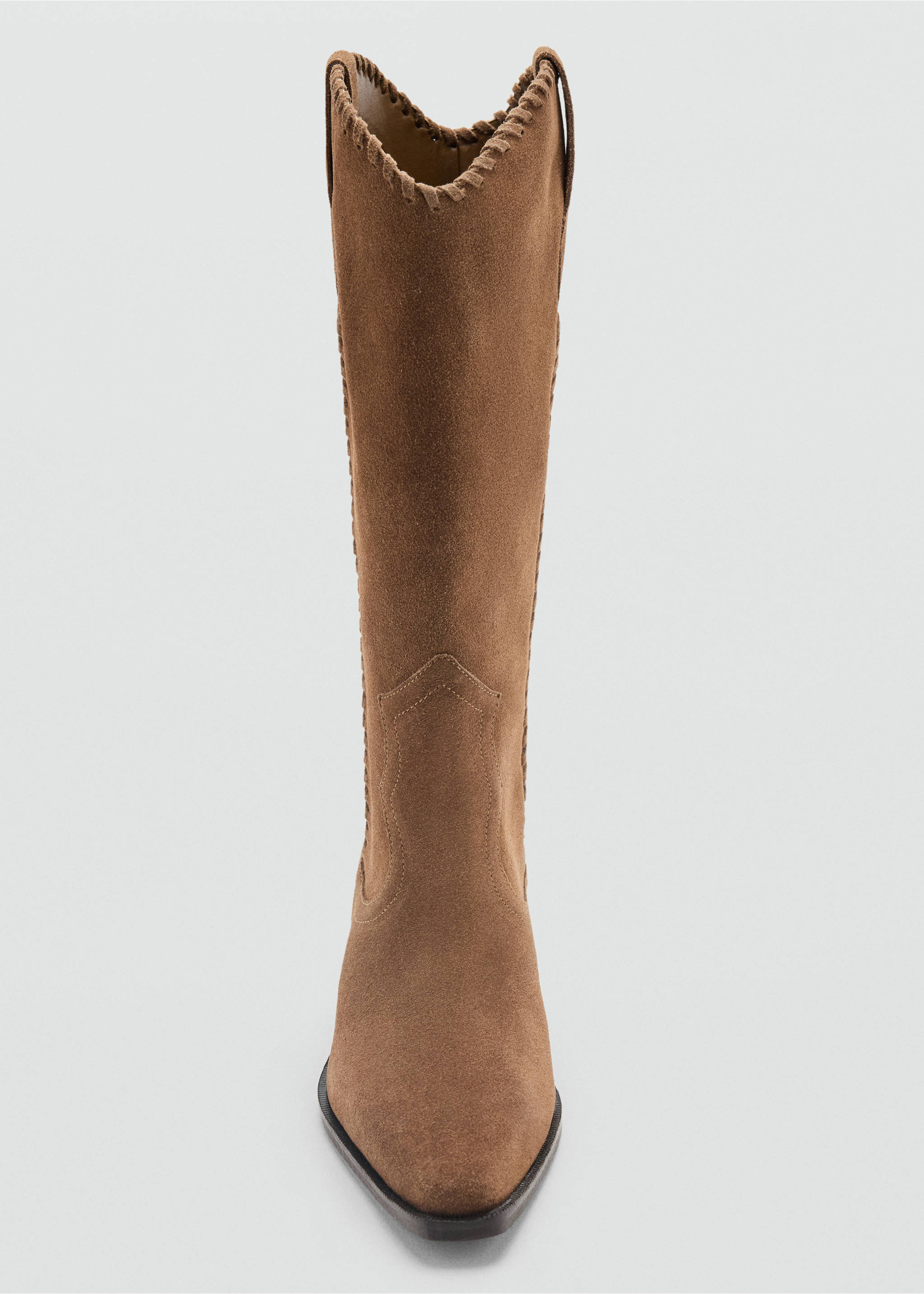 Brown suede knee-high Western boot with decorative whipstitching., Medium Brown. Ref: 37027936-00.