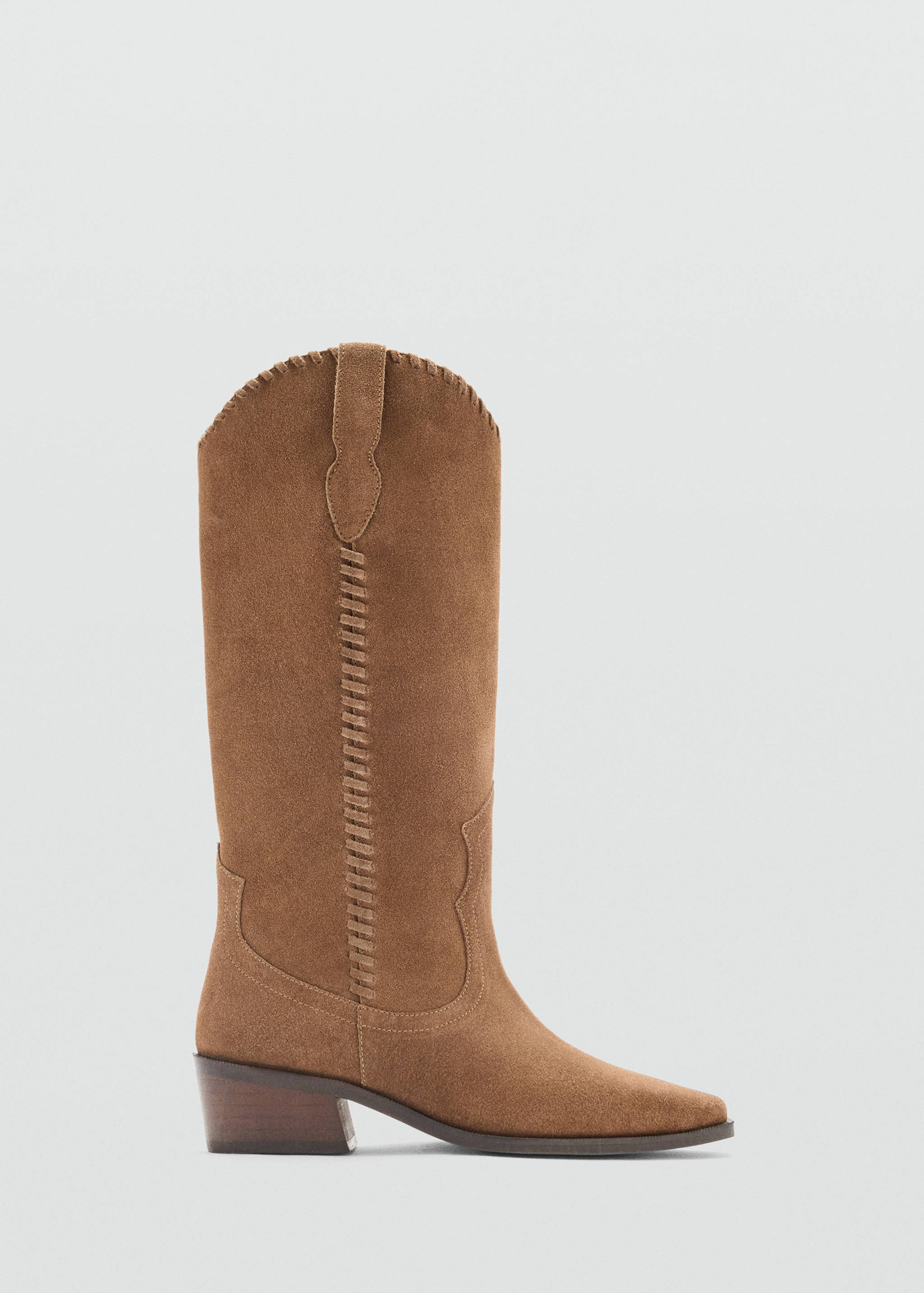 Brown suede cowboy boot with stitched detailing and a stacked heel.