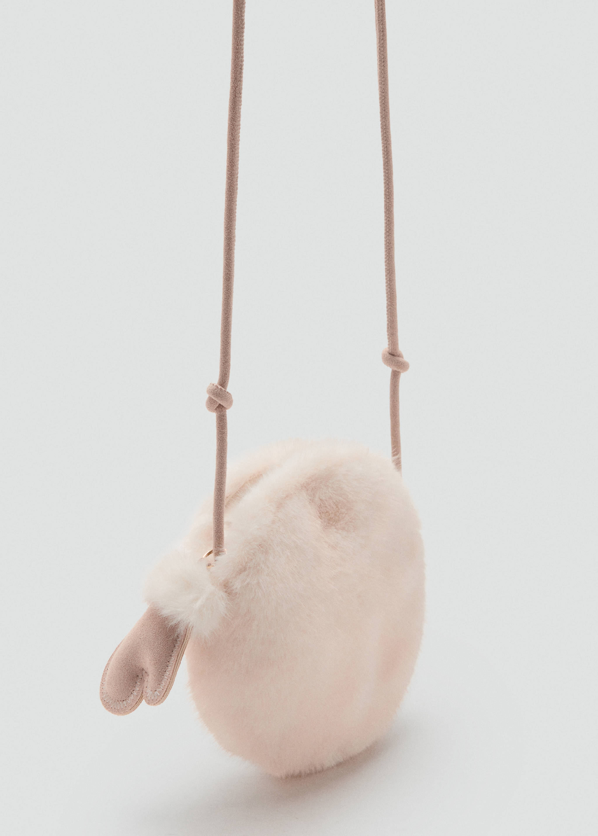 Pale pink faux-fur mini cross-body bag with a round shape and thin strap.
