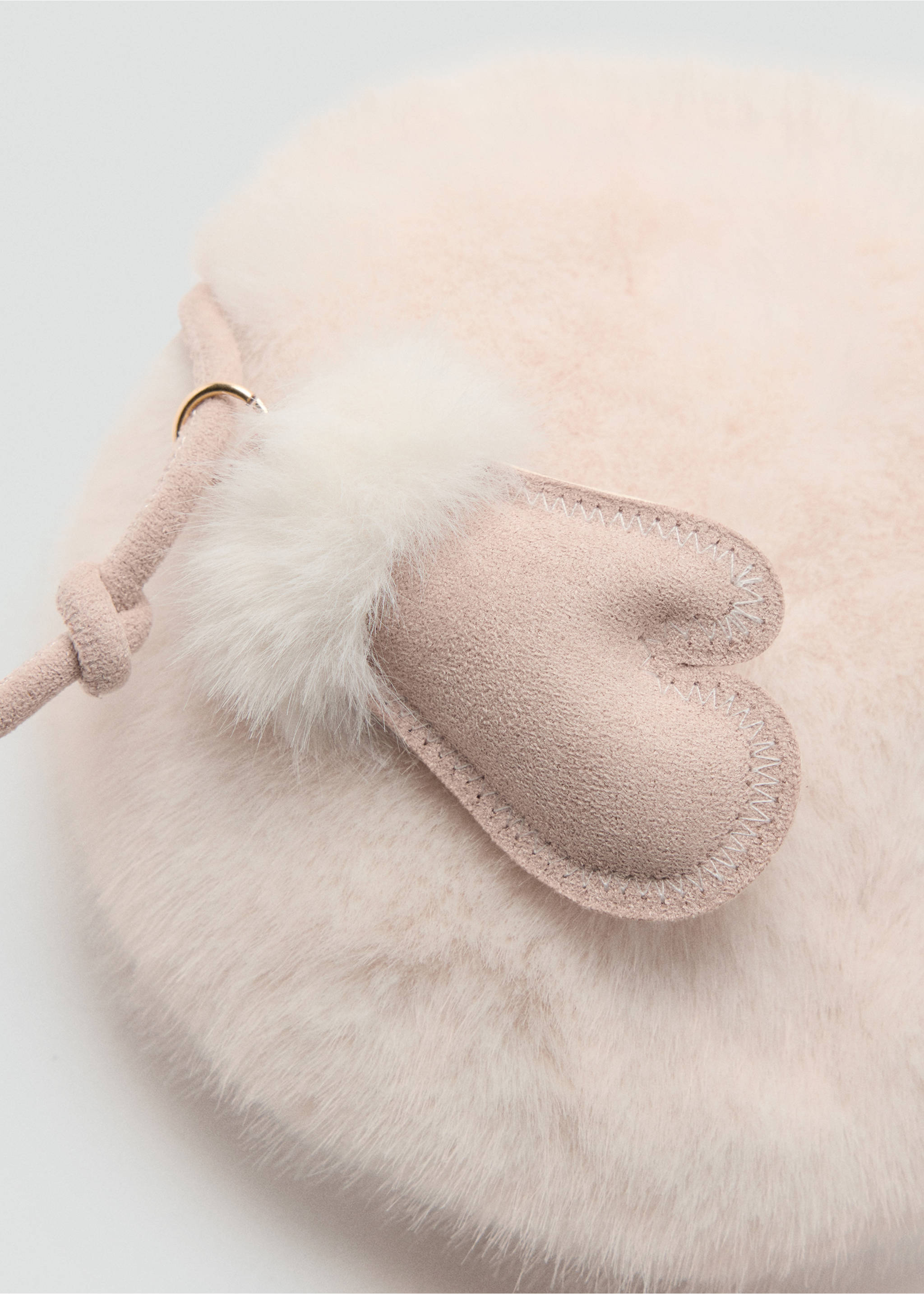 Pink faux-fur mini bag detail with a suede mitten charm., Ecru. Ref: 37027937-00.