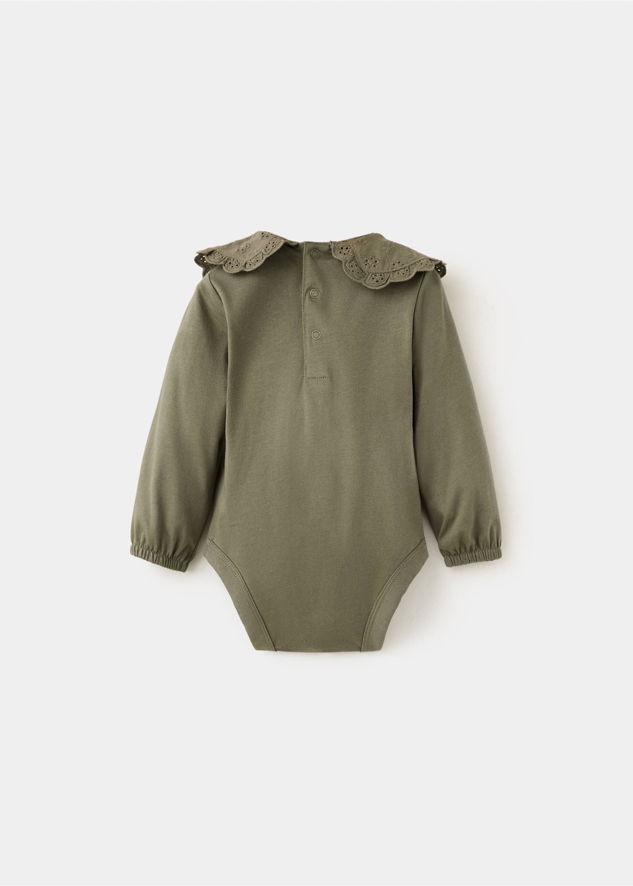 Olive green baby body seen from the back, featuring a scalloped eyelet collar and snap button placket., Dark Green. Ref: 37027938-00.