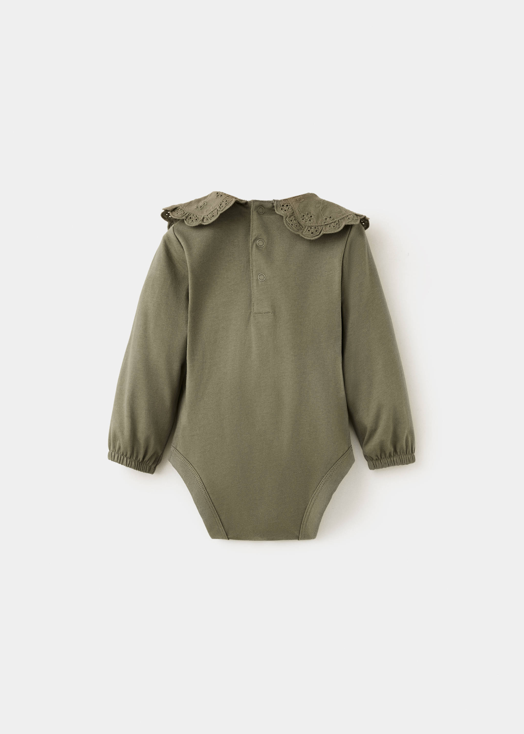 Olive green baby body seen from the back, featuring a scalloped eyelet collar and snap button placket.